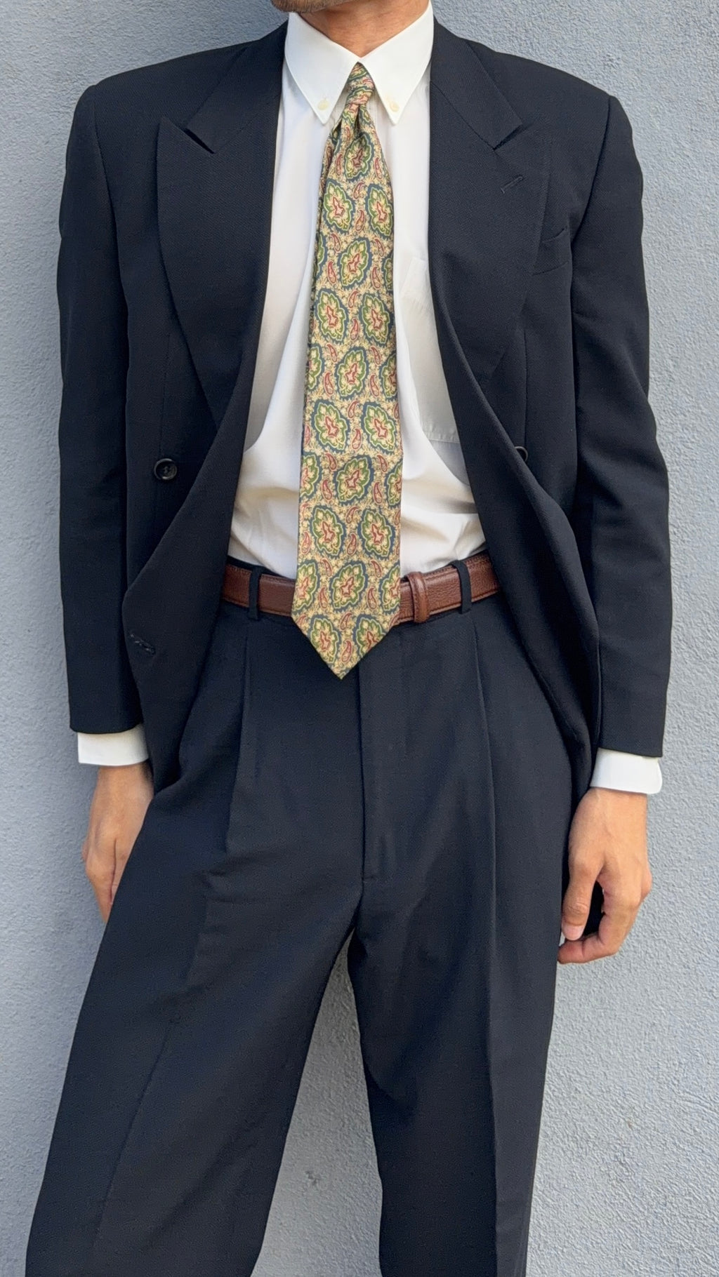 Armani 1990s Peaked Lapel Double Breasted Pleated Textured Wool Suit Black - Size S Jacket / 30" Waist