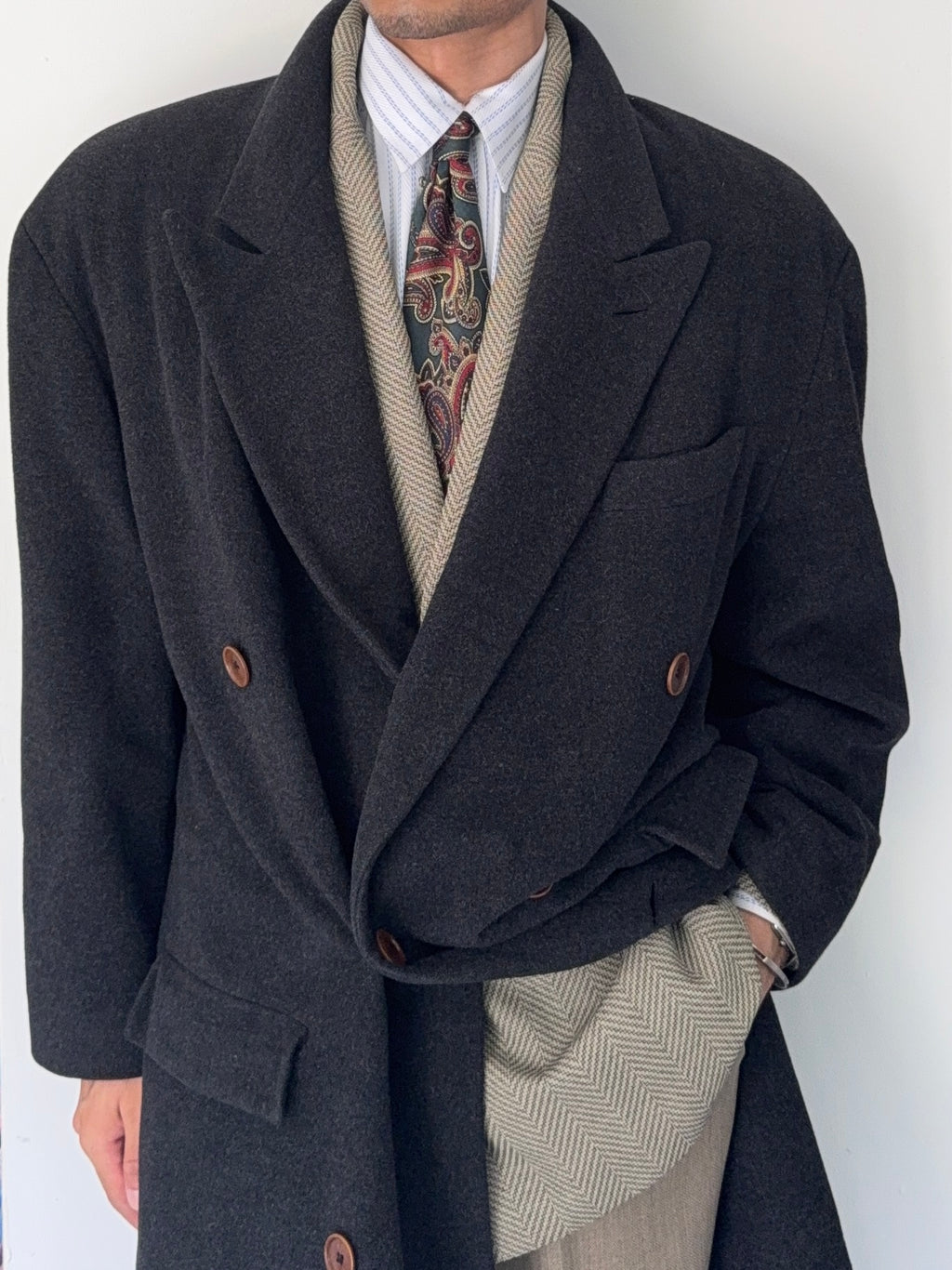 Hugo Boss 1980s 'Facel Vega' Double-Breasted Peaked Lapel Long Wool Coat - Size L