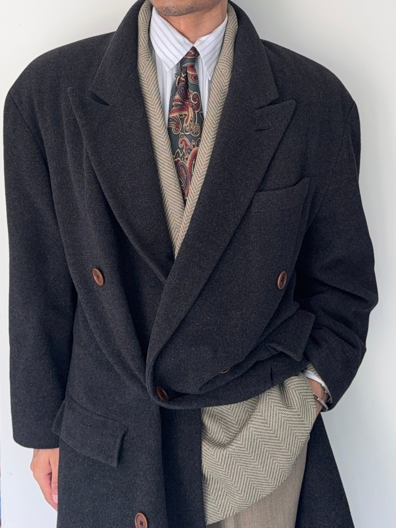 Hugo Boss 1980s 'Facel Vega' Double-Breasted Peaked Lapel Long Wool Coat - Size L