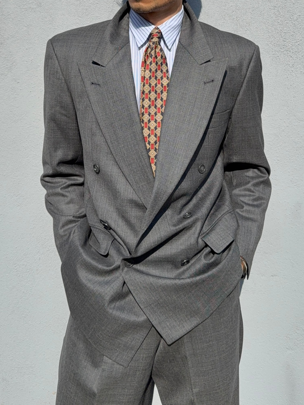 Hugo Boss 1980s 'Bassini Chicago' Peaked Lapel Double Breasted Pleated Wool Cashmere Suit - Size S Jacket / 30" Waist