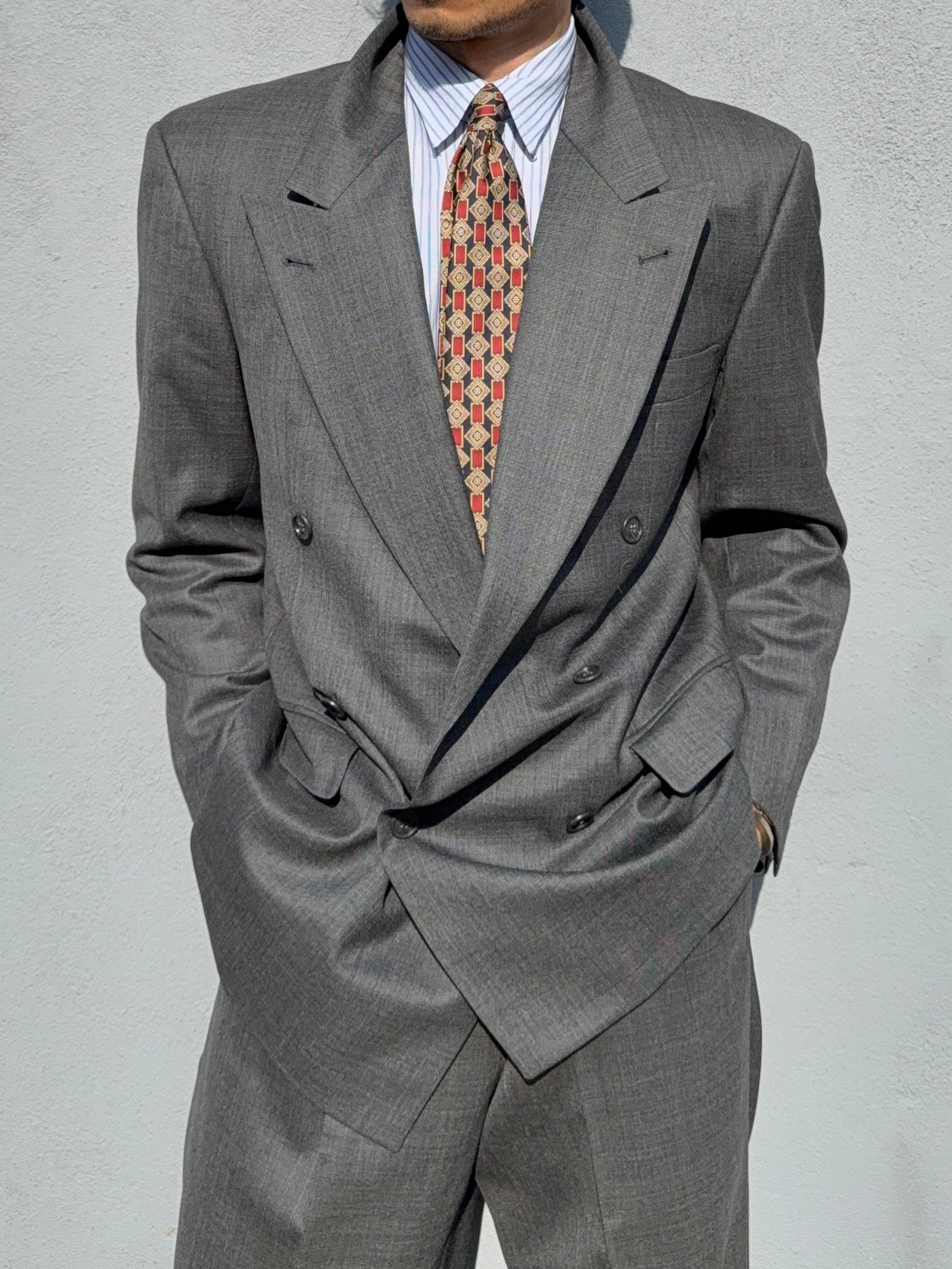 Hugo Boss 1980s 'Bassini Chicago' Peaked Lapel Double Breasted Pleated Wool Cashmere Suit - Size S Jacket / 30" Waist