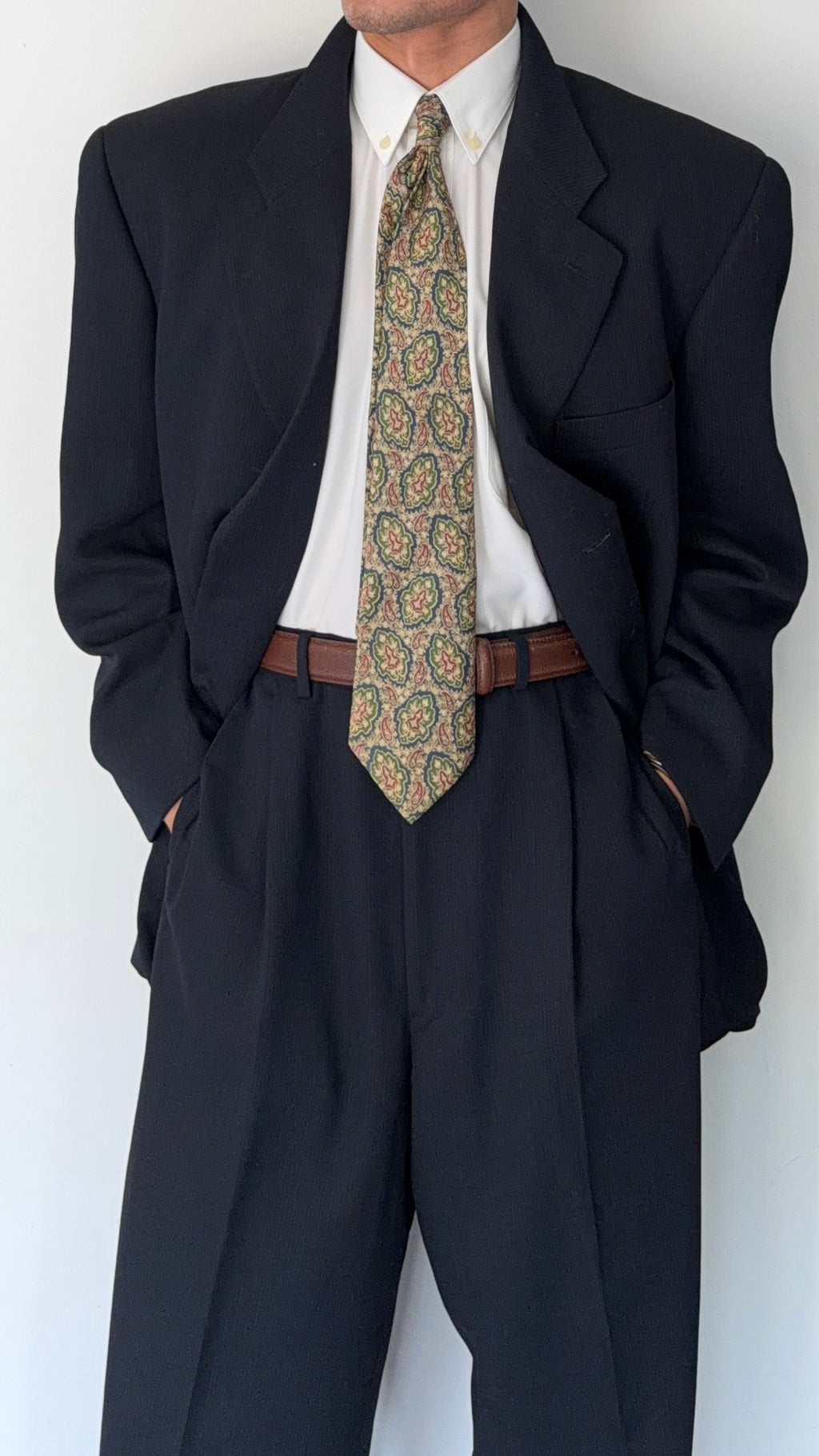 Giorgio Armani 1980s 3B Wool Ribbed Weave Navy Pleated Suit - Size XXL Jacket / 38" Waist