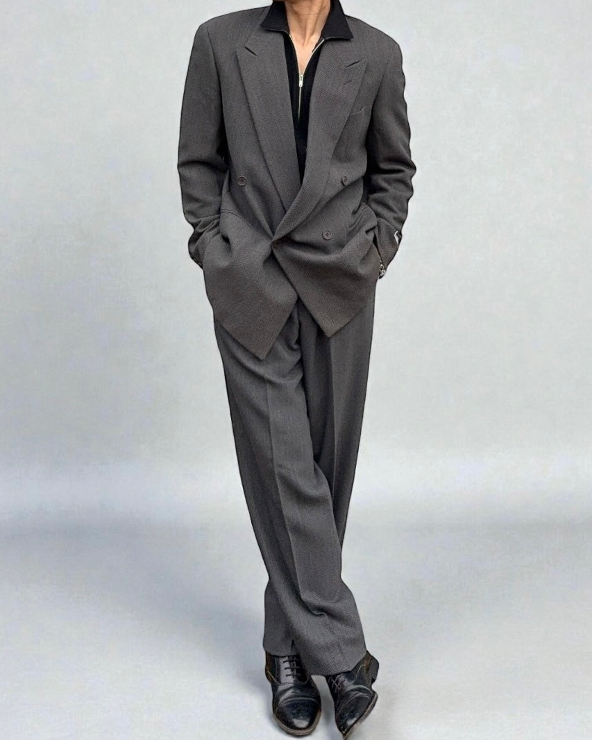Giorgio Armani 1980s Double Breasted Pleated Wool Suit Grey New - Size L Jacket / 32" Waist
