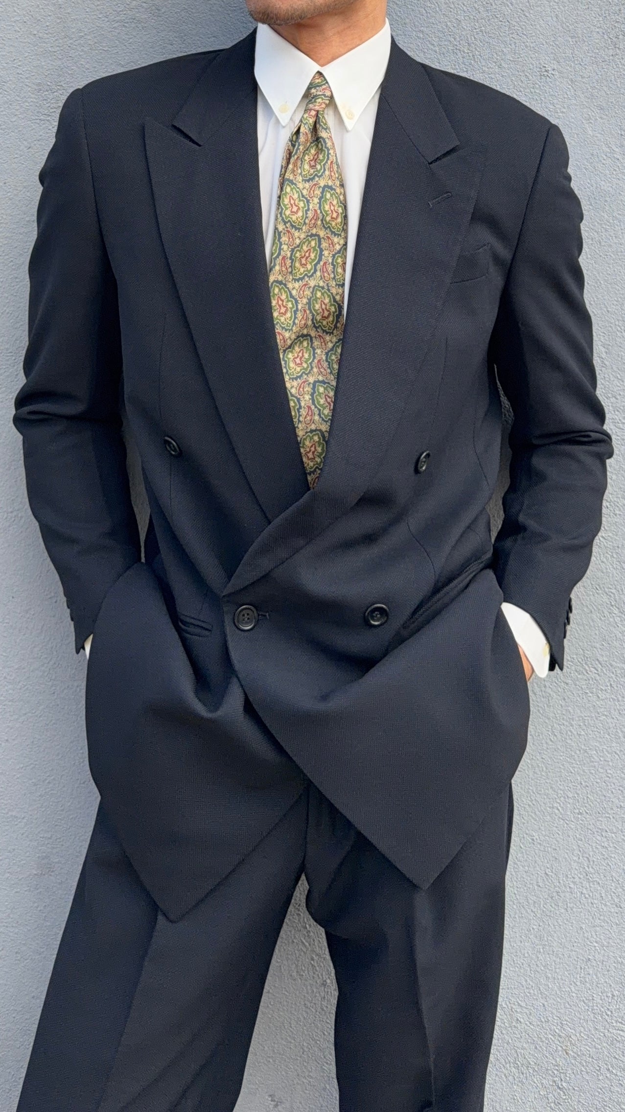 Armani 1990s Peaked Lapel Double Breasted Pleated Textured Wool Suit Black - Size S Jacket / 30" Waist