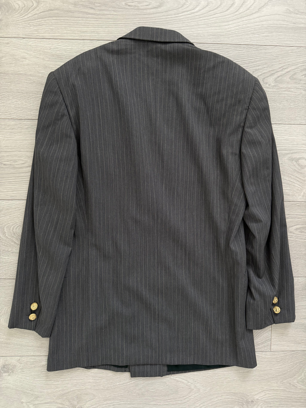 Versace 1980s Peaked Lapel Double Breasted Medusa Metal Button Triple Pleat Striped Wool Suit - Size S Jacket / 30" Waist