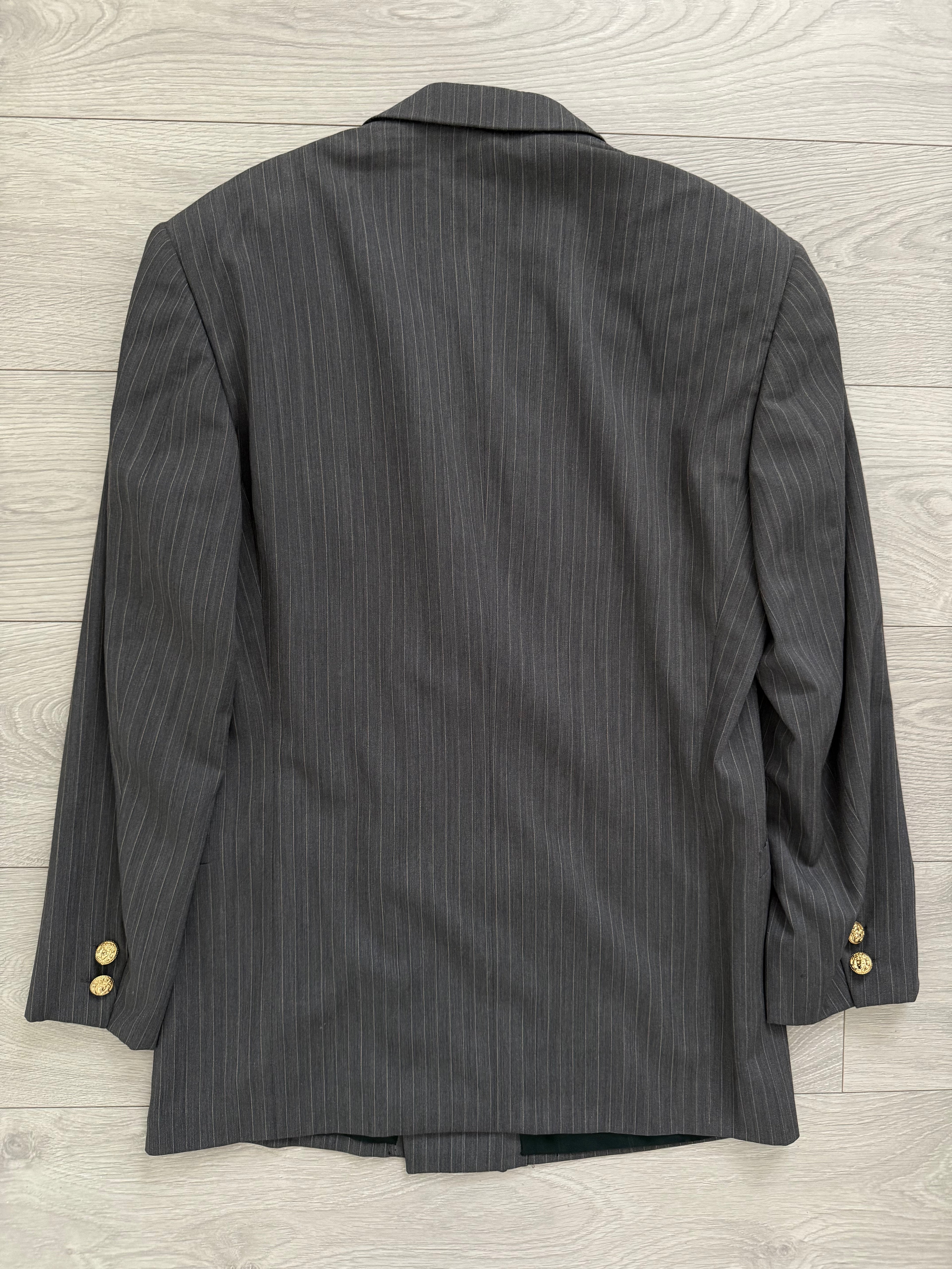 Versace 1980s Peaked Lapel Double Breasted Medusa Metal Button Triple Pleat Striped Wool Suit - Size S Jacket / 30" Waist