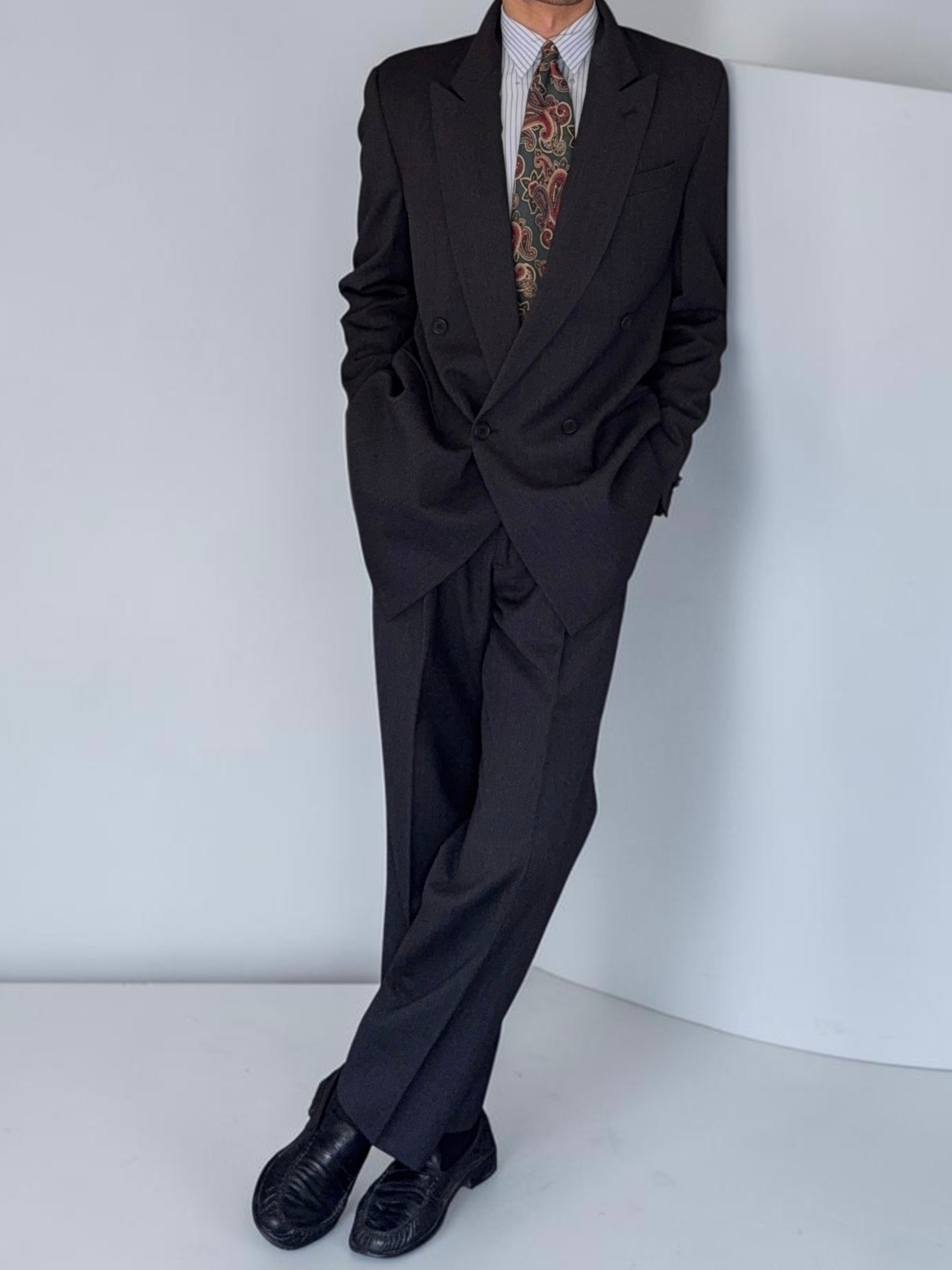 Armani 1990s Peaked Lapel Double Breasted Pleated Wool Suit