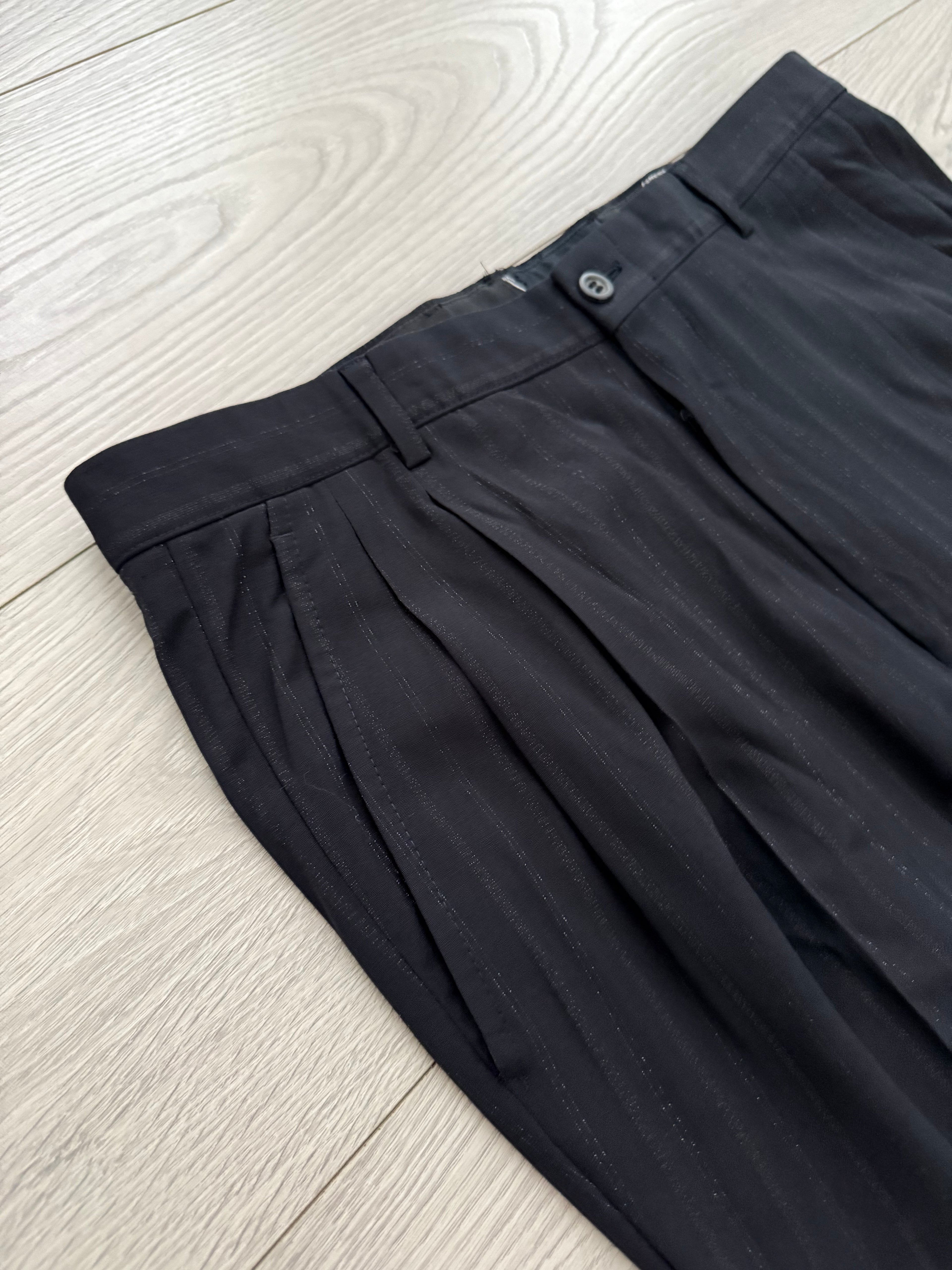 Versace 1980s 6B Peaked Lapel Double Breasted Pleated Wool Striped Suit - Size S Jacket / 33" Waist