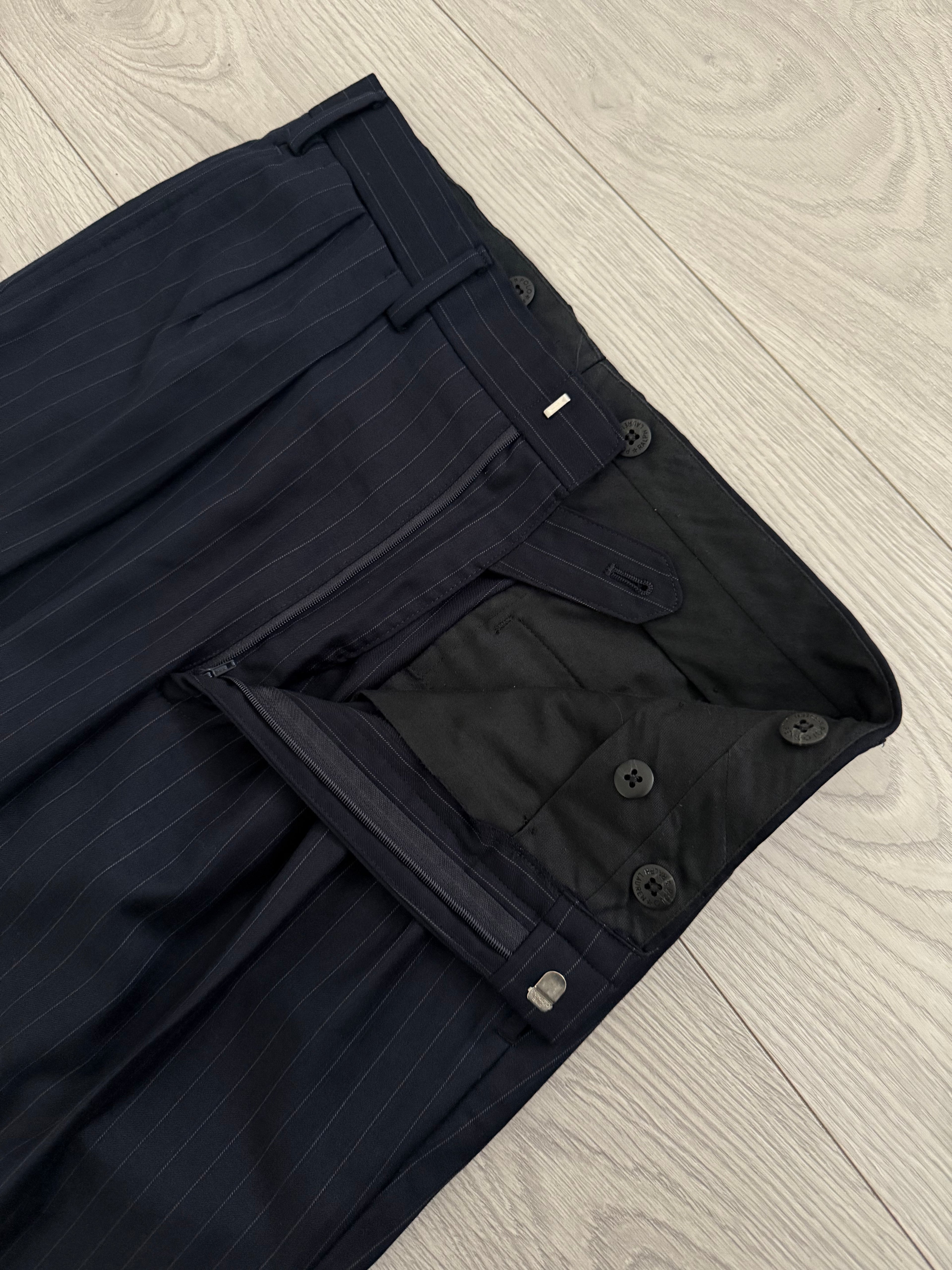 Yves Saint Laurent 1990s Double Breasted Pleated Striped Wool Navy Suit - Size M Jacket / 30" Waist