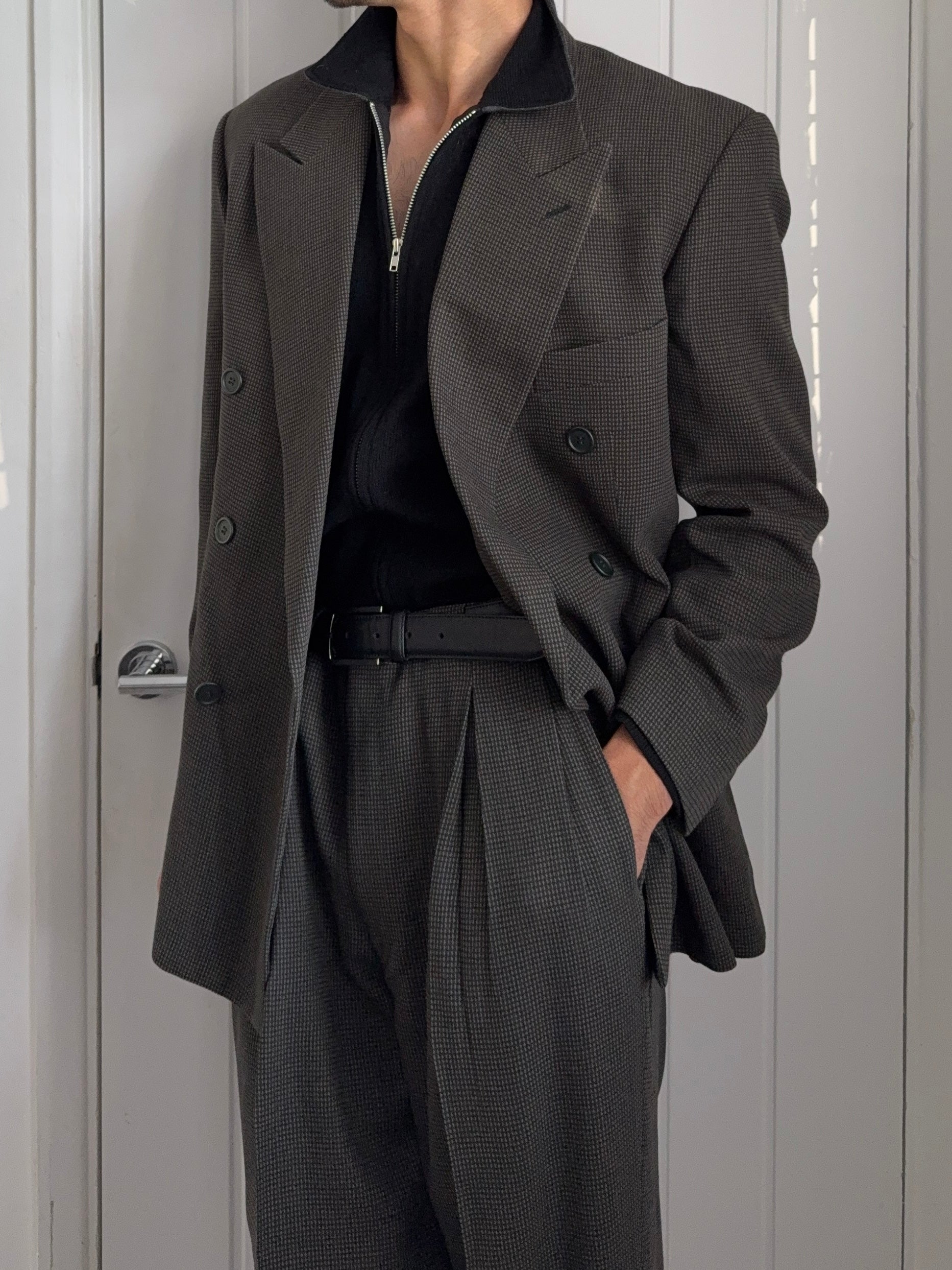 Giorgio Armani 1980s Double-Breasted Pleated Textured Wool Suit - Size L Jacket / 34" Waist