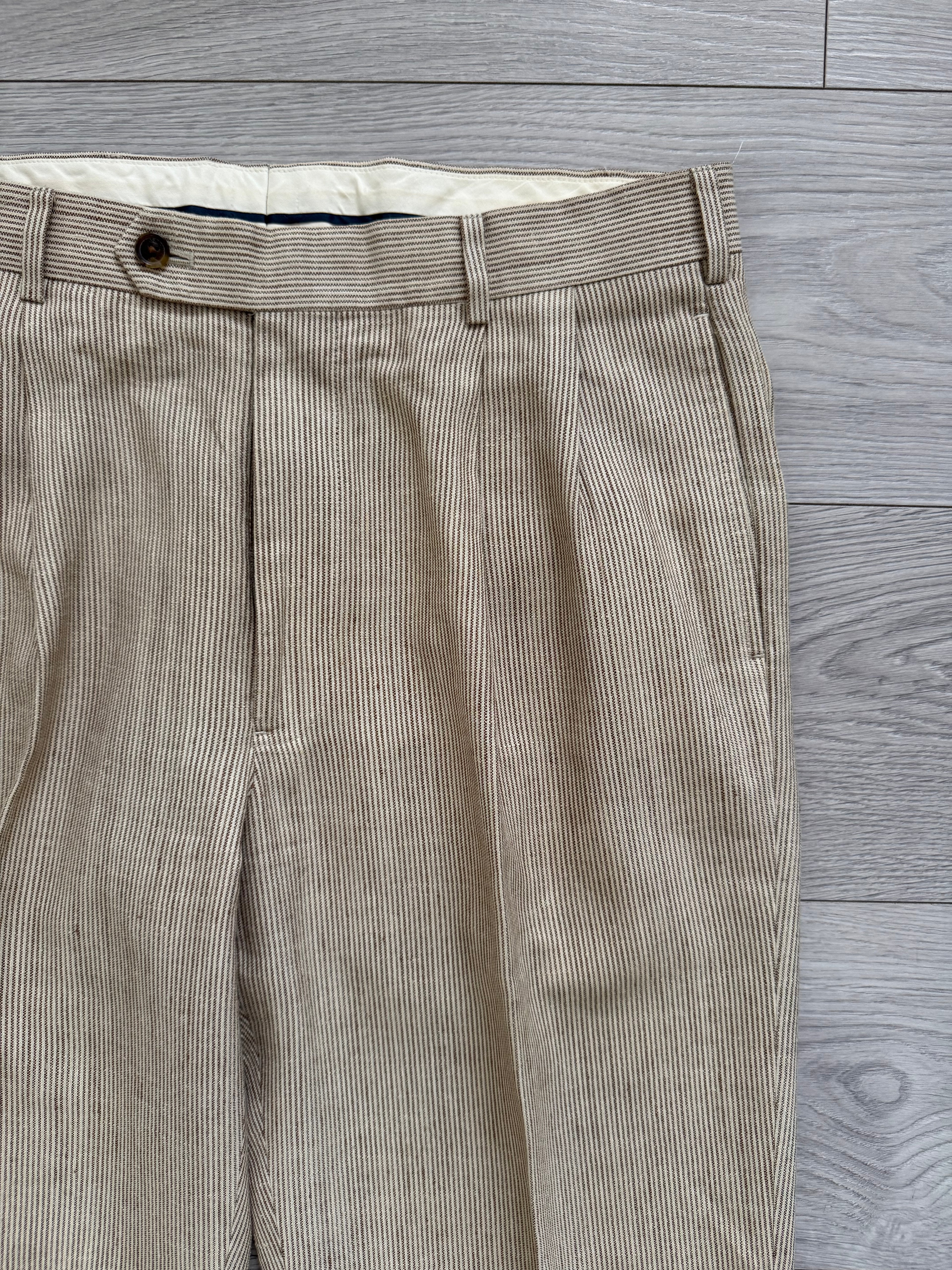 Brooks Brothers 1990s Pleated Wool Silk Linen Seersucker Beige Pants - Size 34" Waist