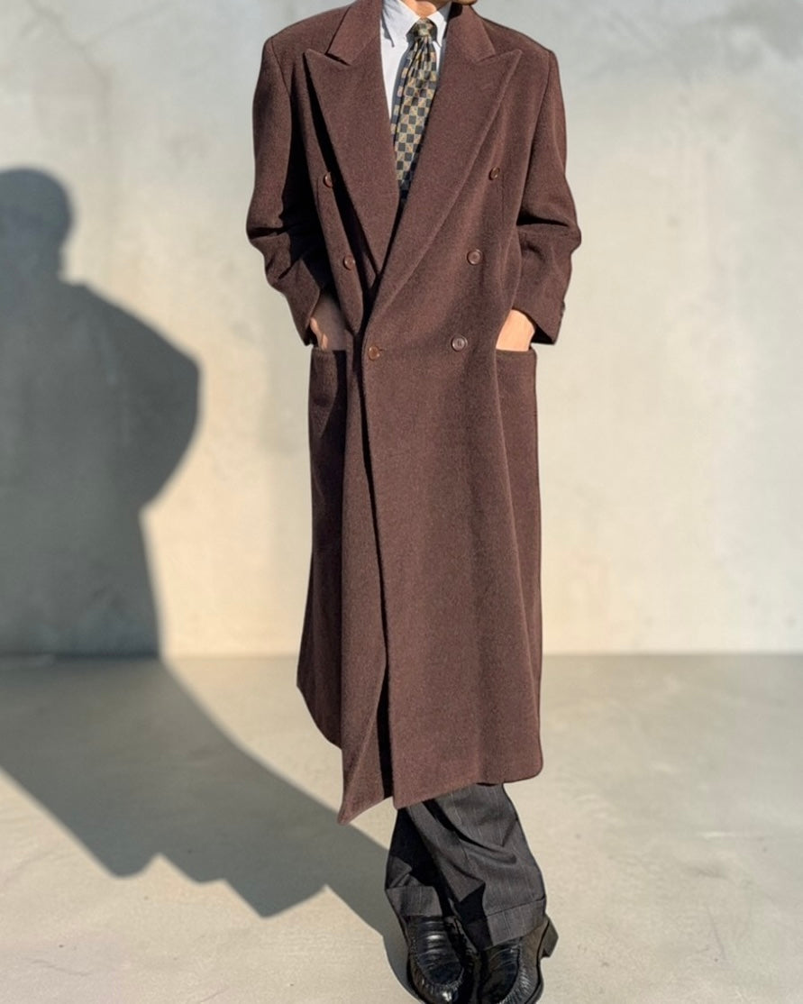 Giorgio Armani 1980s Double Breasted Peaked Lapel Wool Cashmere Brown Coat - Size M