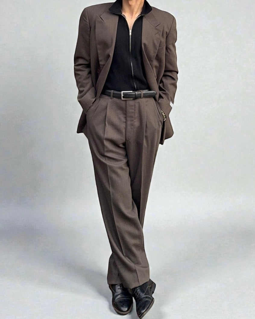 Giorgio Armani 1980s Double Breasted Pleated Wool Suit Brown New - Size L Jacket / 32" Waist