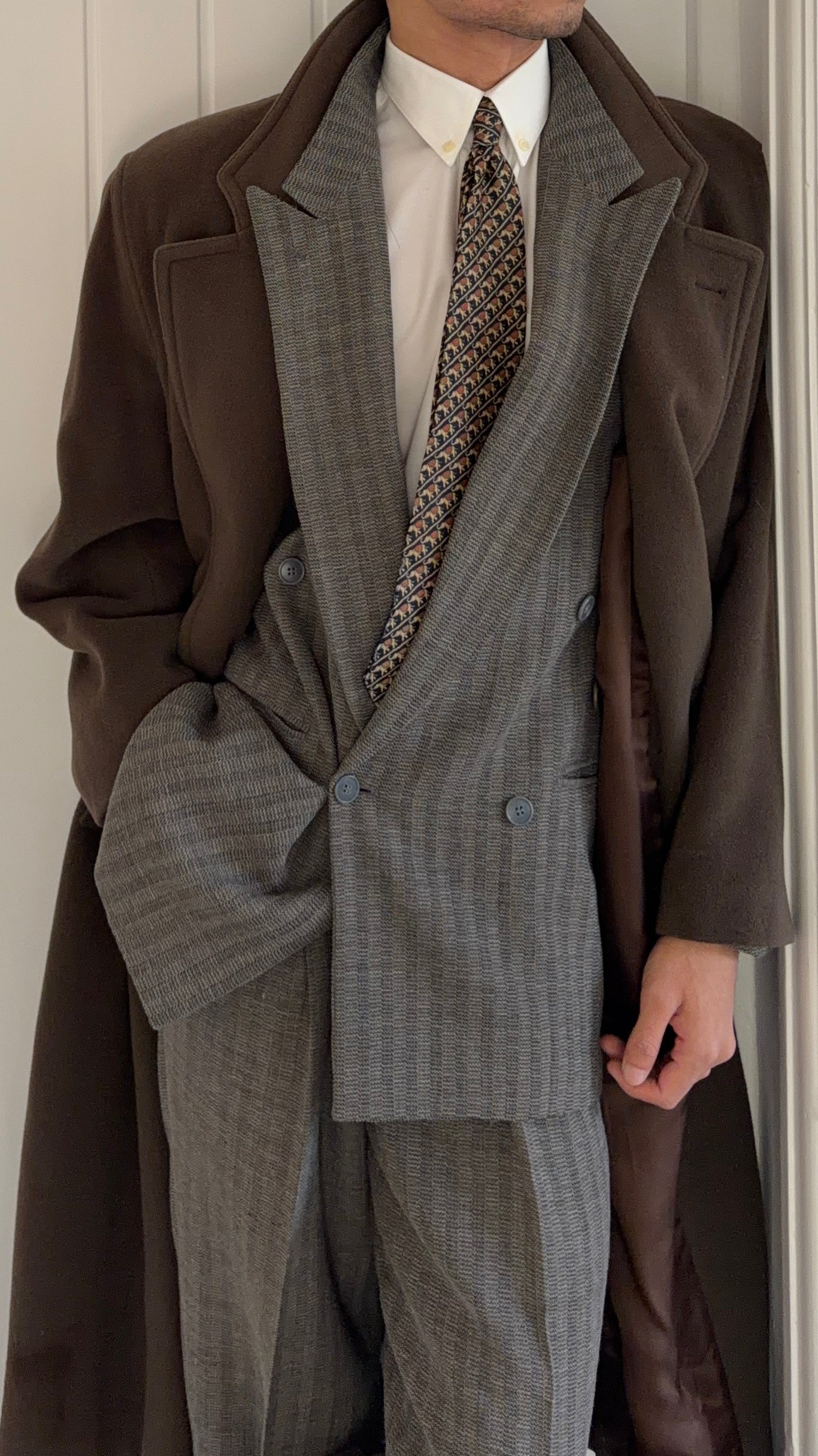 Hugo Boss 1980s Double-Breasted Belted Wool Brown Coat - Size M