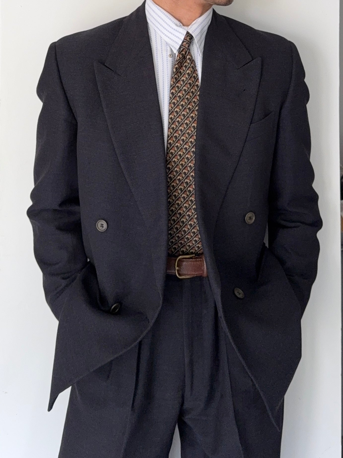 Krizia Armani 1990s Peaked Lapel Double Breasted Pleated Wool Suit Navy - Size M Jacket / 31" Waist