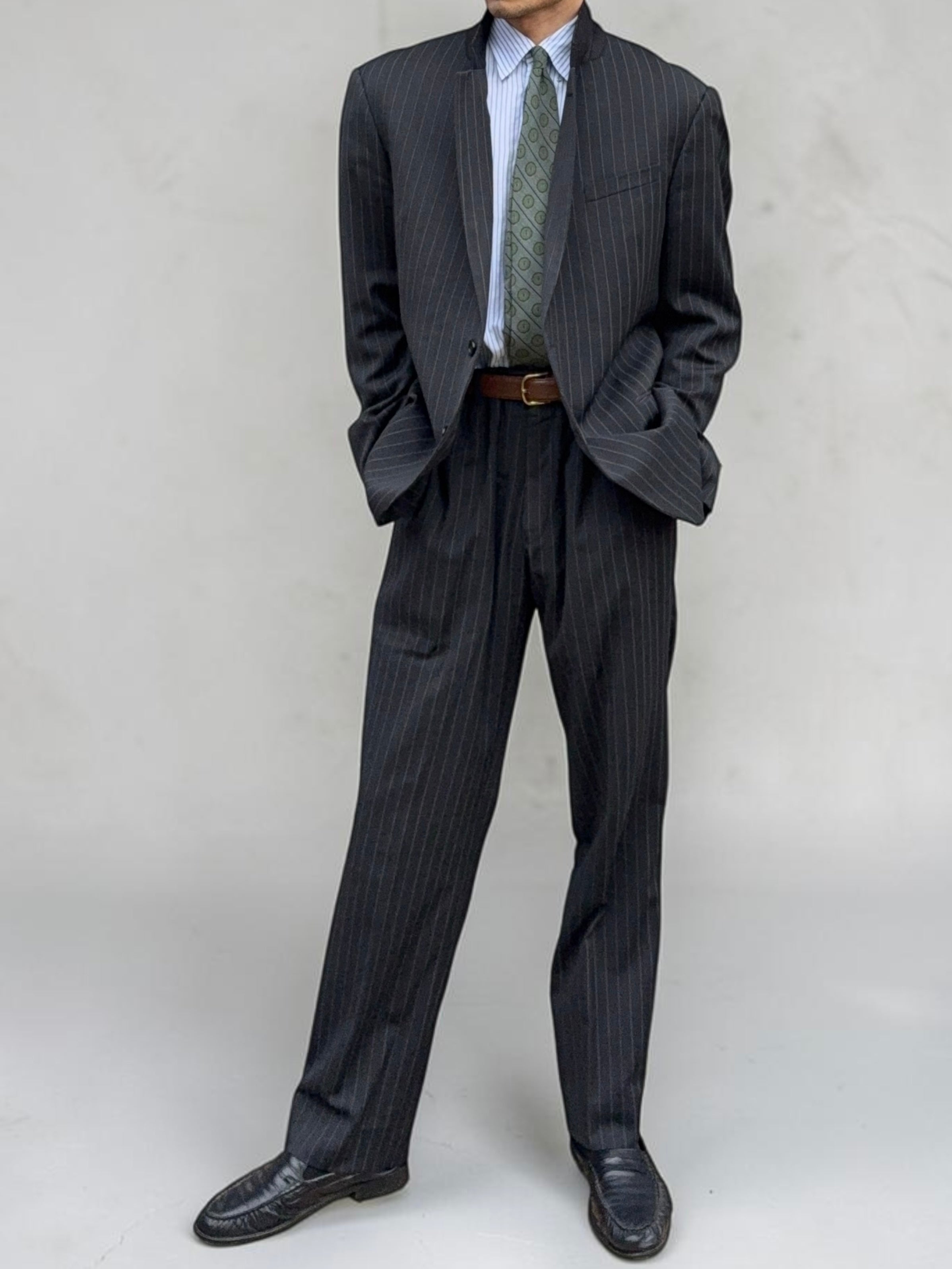 Armani 1990s 2B Charcoal Grey Striped Wool Suit - Size XXL Jacket / 38" Waist
