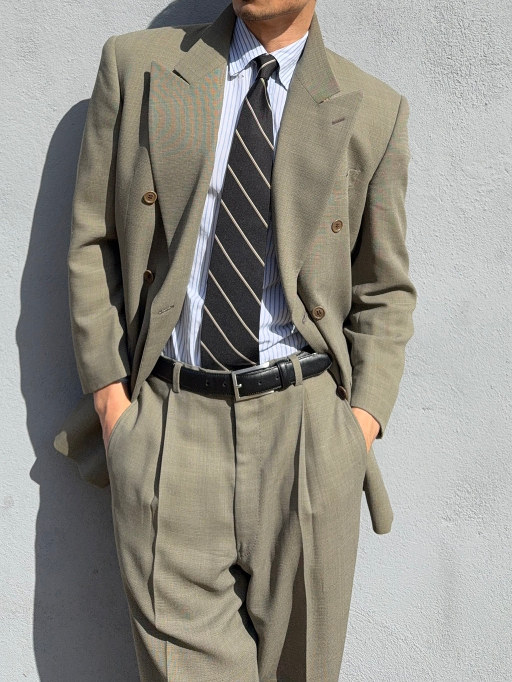 Valentino 1980s 6B Double Breasted Wool Power Suit in Taupe Olive - Size M Jacket / 32" Waist