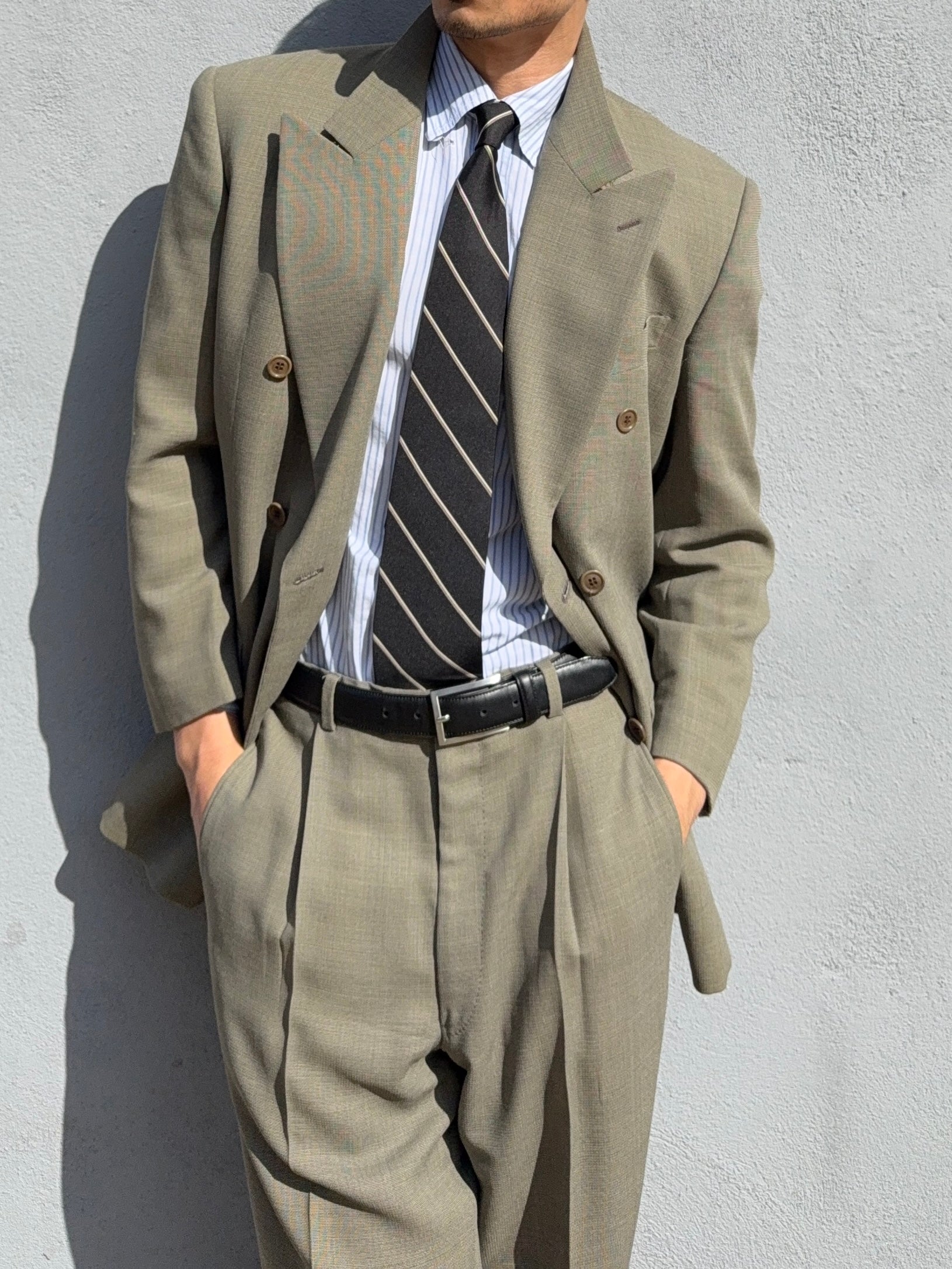 Valentino 1980s 6B Double Breasted Wool Power Suit in Taupe Olive - Size M Jacket / 32" Waist