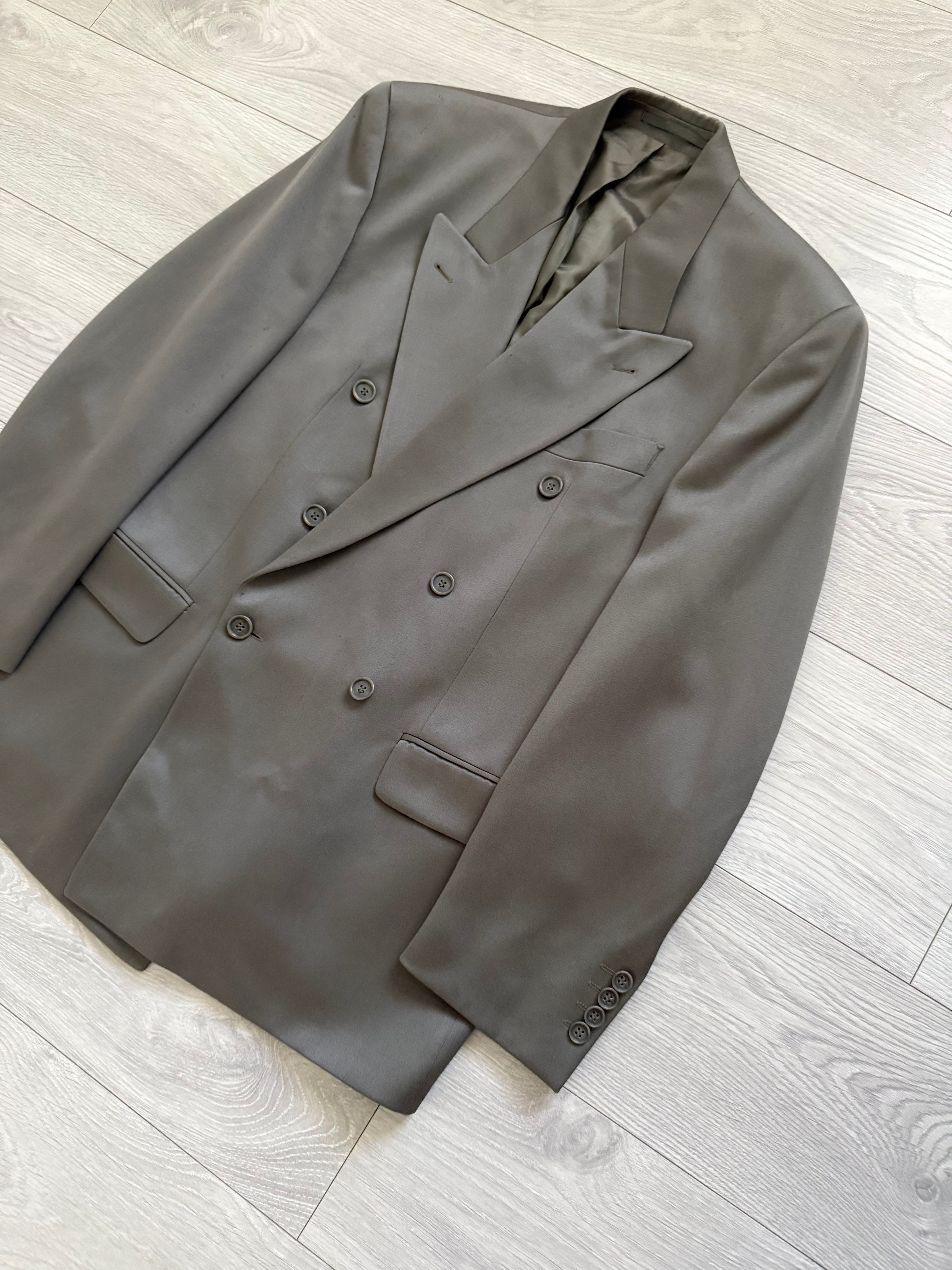 Hugo Boss 1980s 'Mitford' Peak Lapel Double Breasted Pleated Taupe Green Suit - Size L Jacket / 30" Waist