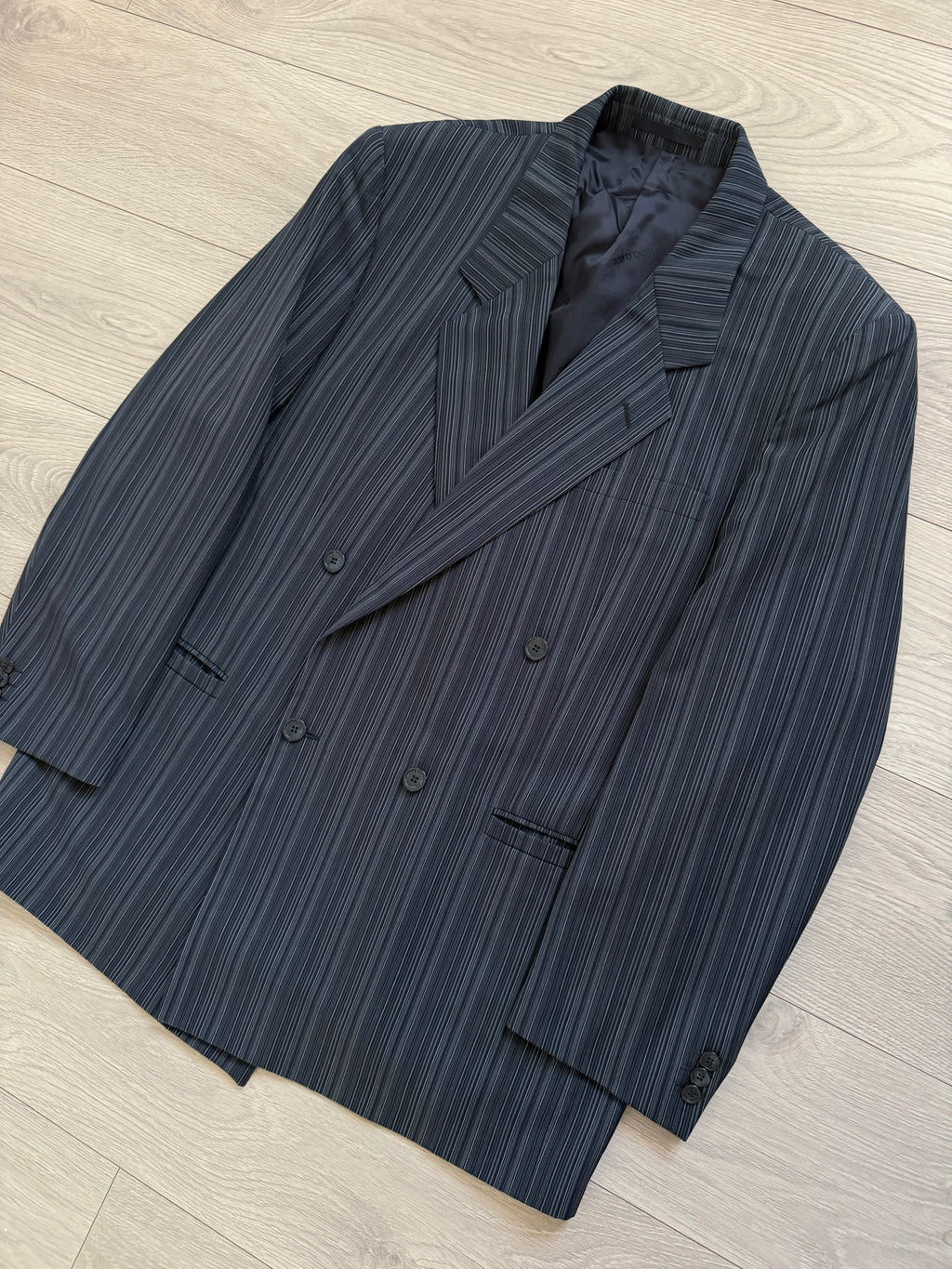 Versace 1980s Notch Lapel Double Breasted Wool Mohair Pleated Striped Suit - Size XXL Jacket / 38" Waist