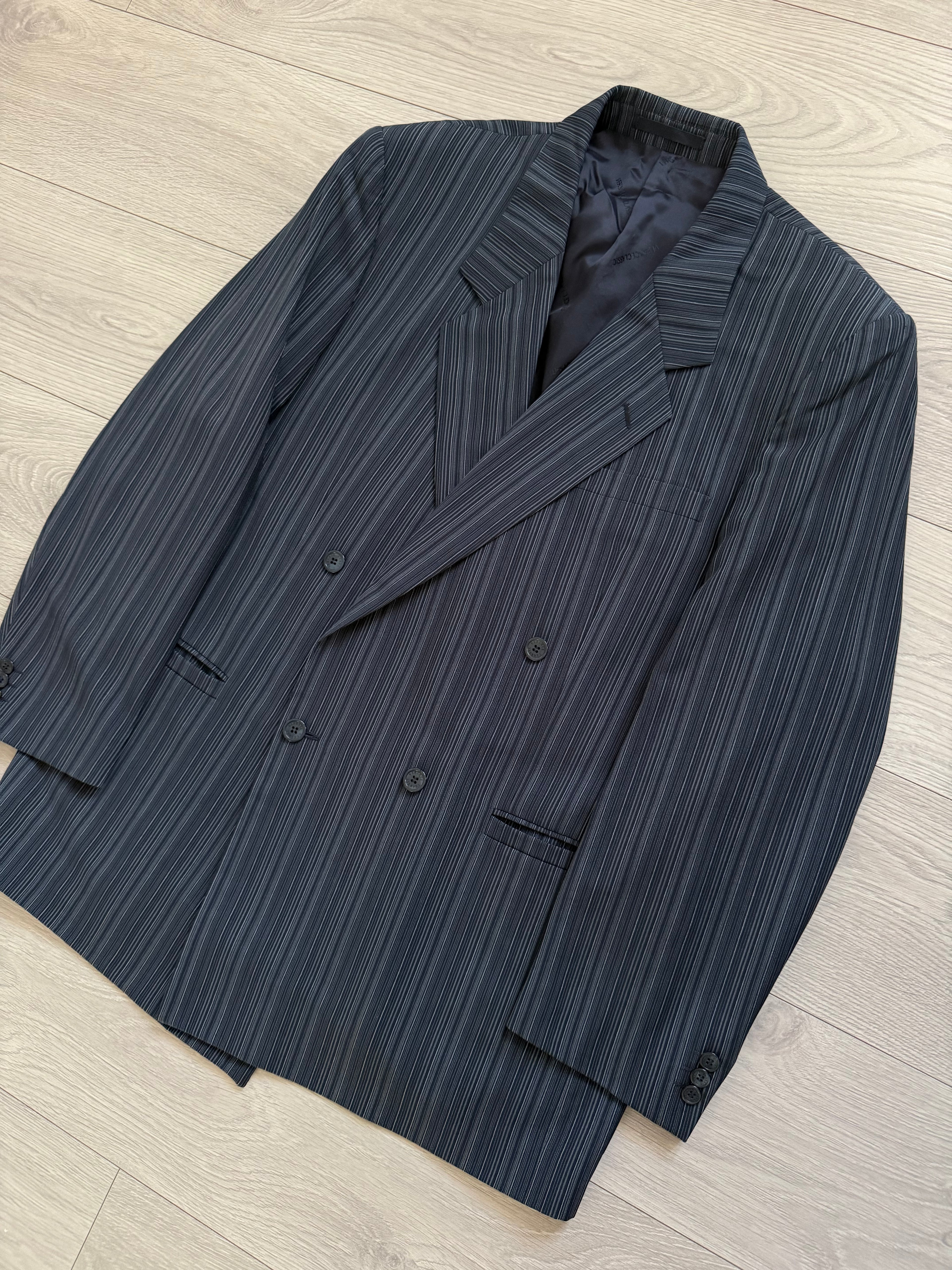Versace 1980s Notch Lapel Double Breasted Wool Mohair Pleated Striped Suit - Size XXL Jacket / 38" Waist