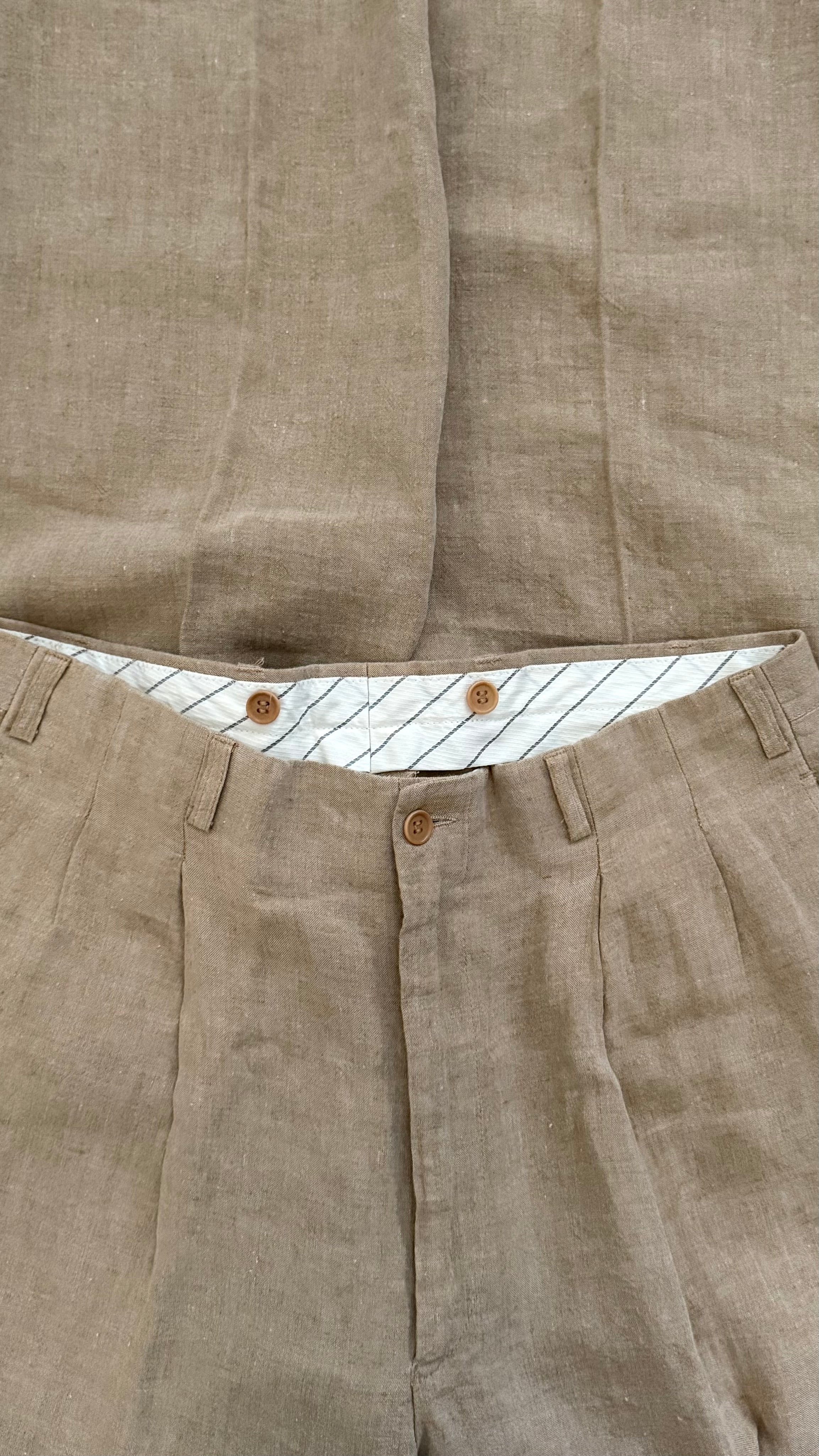 Emporio Armani 1990s Linen High Waisted Pleated Beige Pants - Size 33" Waist