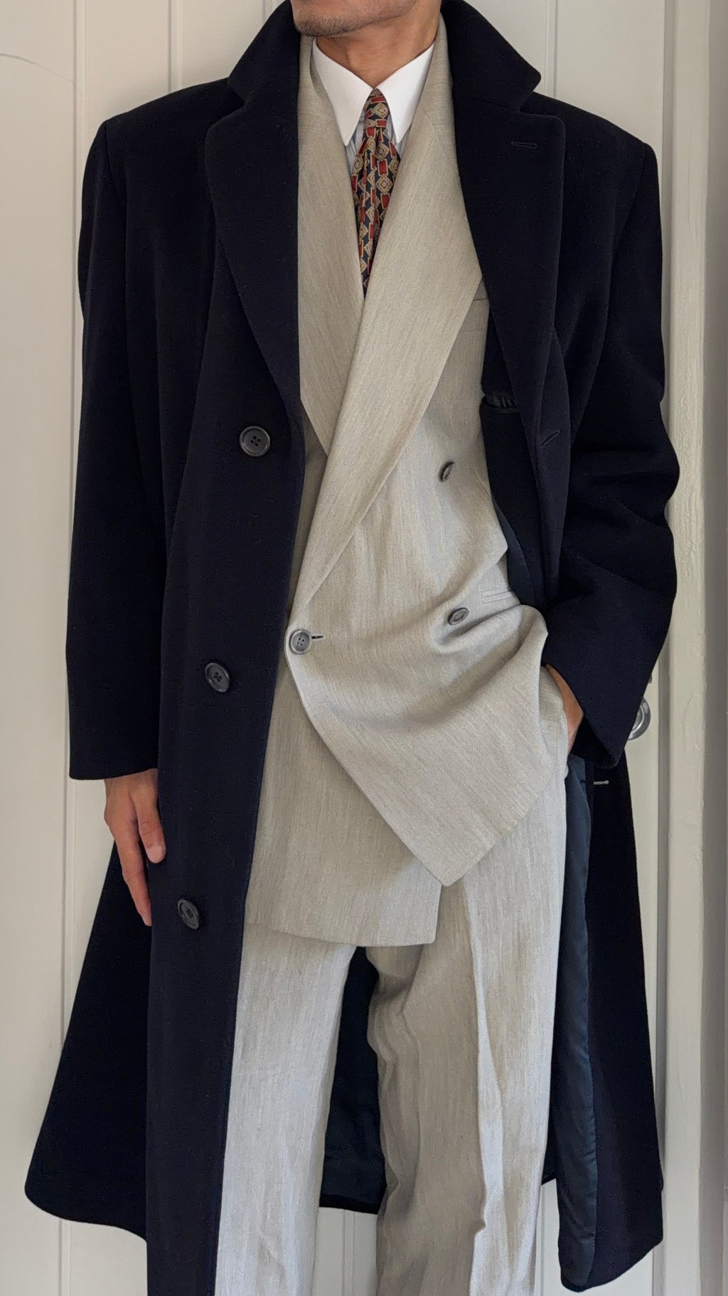 Hugo Boss 1990s Single Breasted Navy Wool Overcoat - Size XL