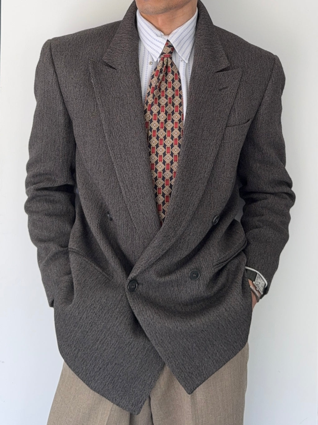 Giorgio Armani Mainline 1980s Chevron Herringbone Double Breasted Wool Sports Jacket Blazer - Size S