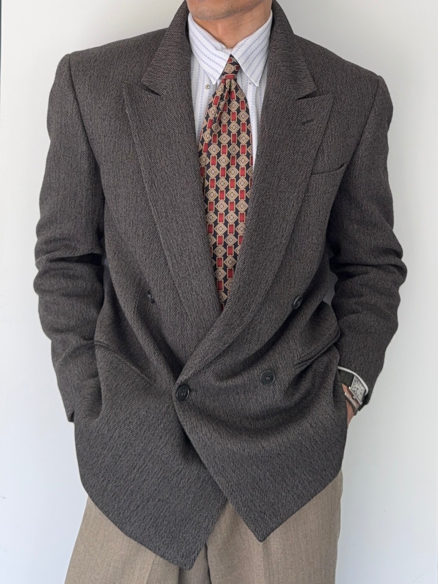 Giorgio Armani Mainline 1980s Chevron Herringbone Double Breasted Wool Sports Jacket Blazer - Size S