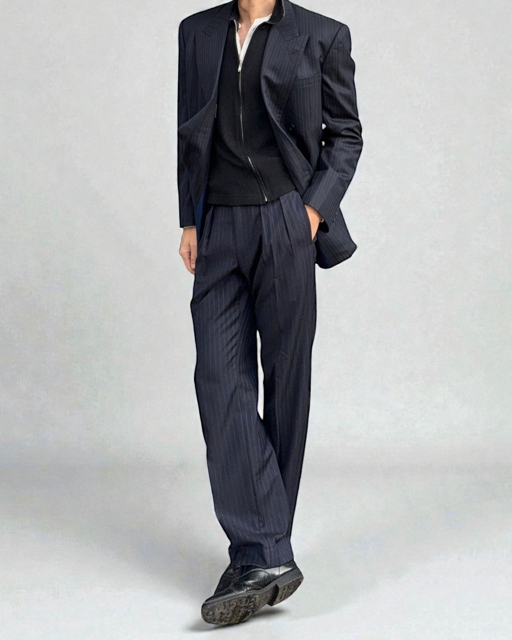 Yves Saint Laurent 1990s Double Breasted Pleated Striped Wool Navy Suit - Size M Jacket / 30" Waist