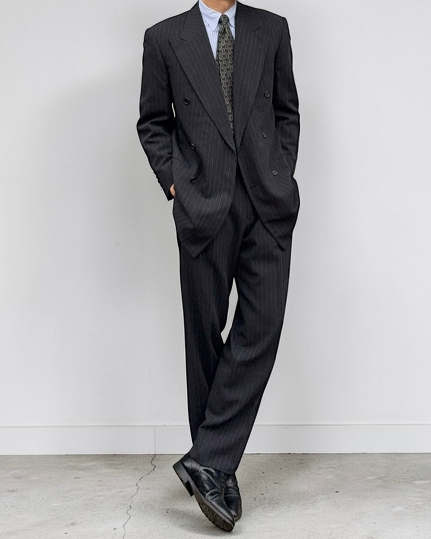 Giorgio Armani 1990s Double Breasted 6B Pleated Wool Striped Suit - Size S Jacket / 30" Waist