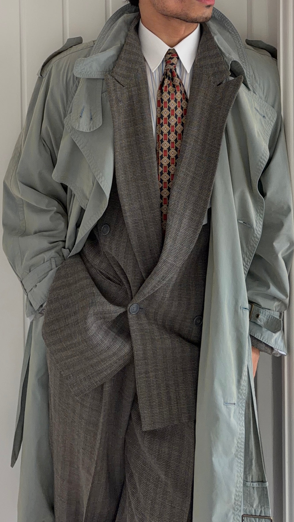 Hugo Boss 1980s Wool Cotton Steel Blue Trench Coat - Size L
