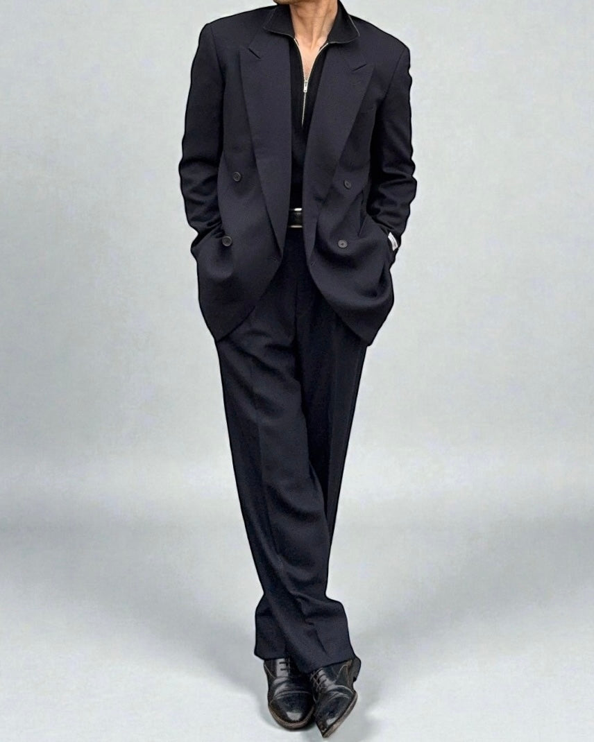 Giorgio Armani 1980s Double Breasted Pleated Wool Suit Navy New - Size L Jacket / 32" Waist