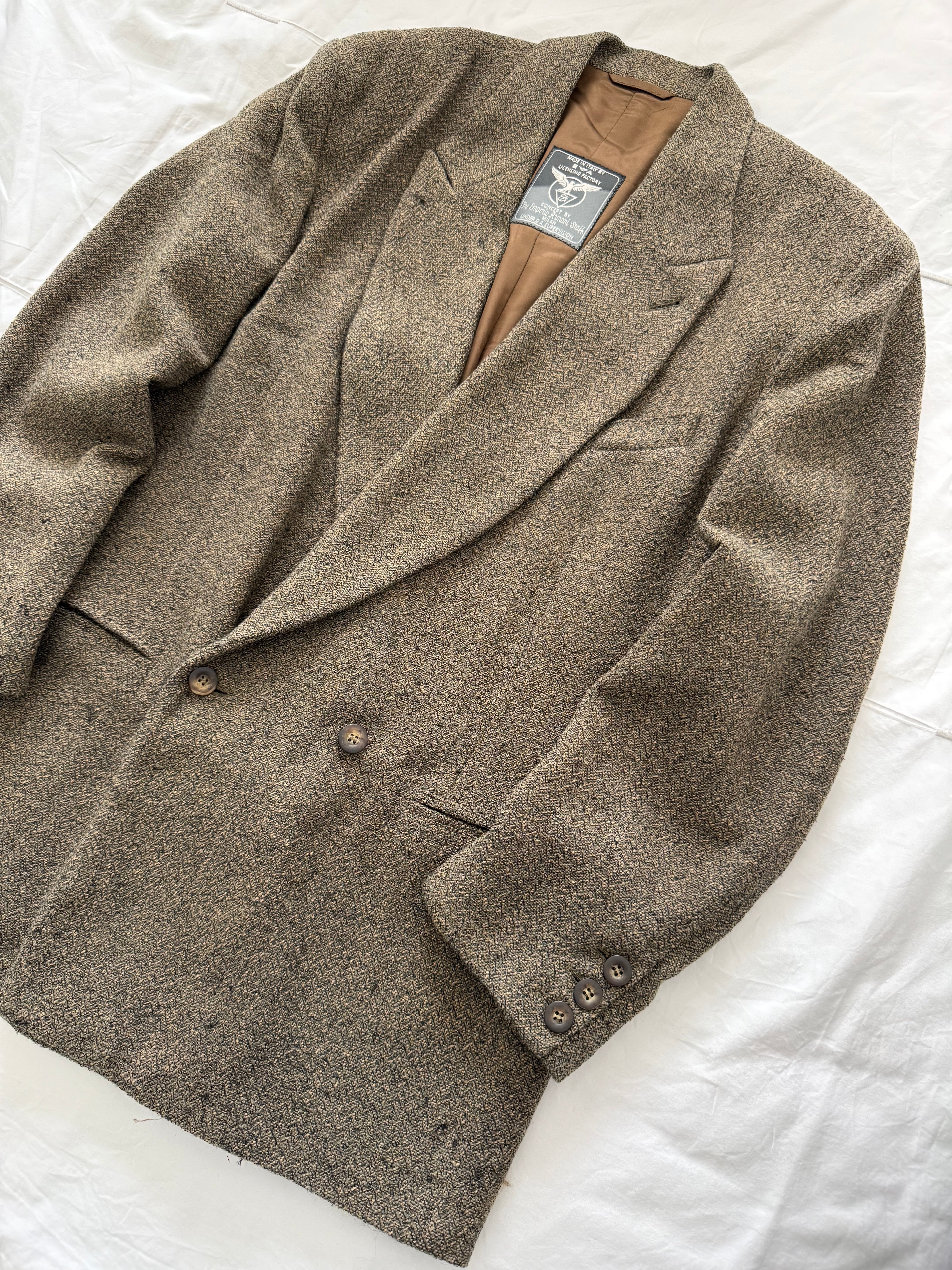Emporio Armani 1980s Peaked Lapel Double Breasted Textured Wool Blend Relaxed Sport Jacket Blazer - Size XL