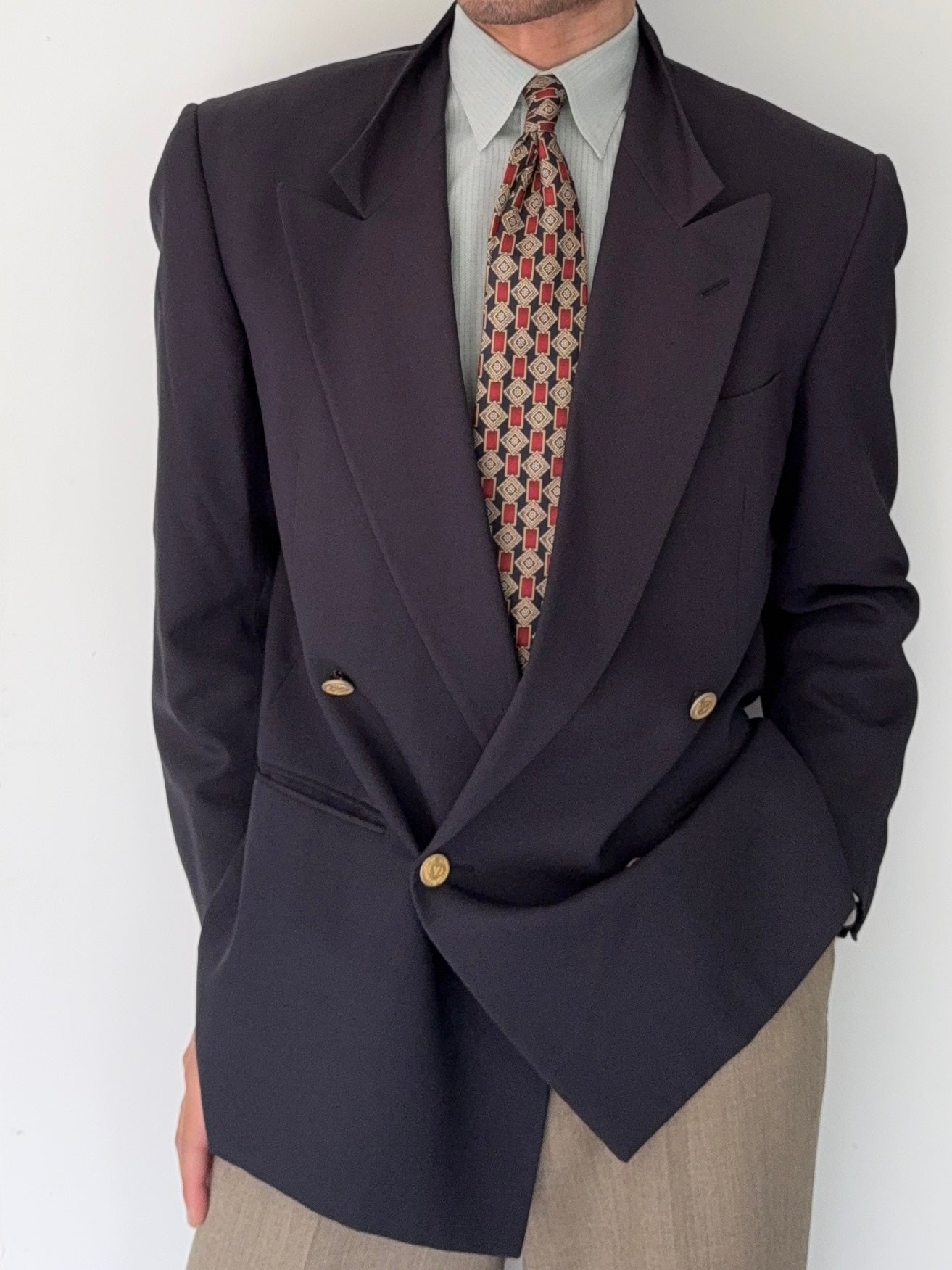 Valentino 1980s Peaked Lapel Double Breasted Metal Button Wool Jacket Navy  - Size S