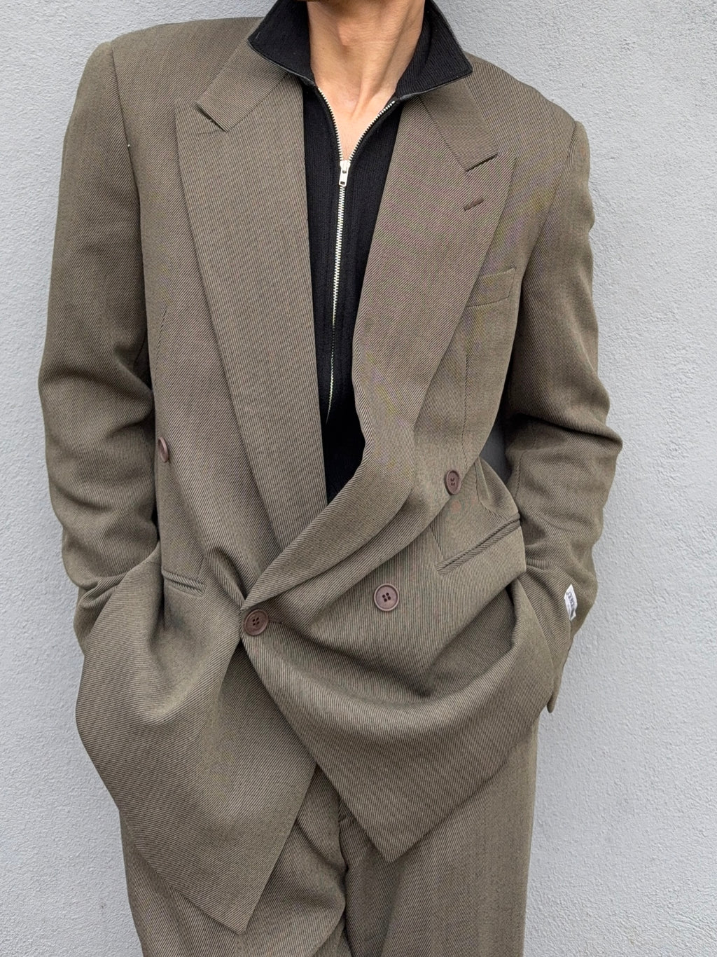 Giorgio Armani 1980s Double Breasted Pleated Wool Suit Olive Taupe New - Size L Jacket / 32" Waist
