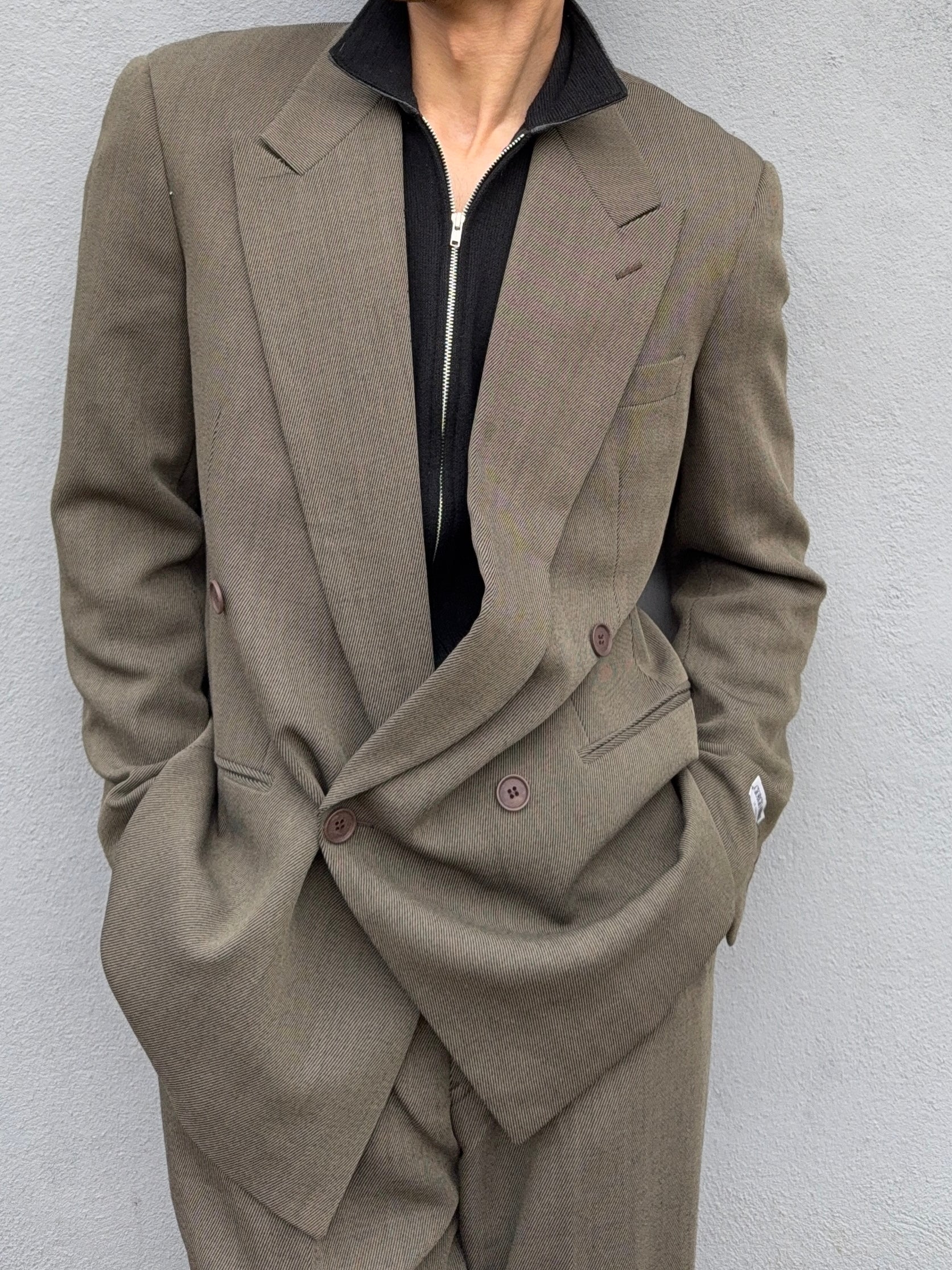 Giorgio Armani 1980s Double Breasted Pleated Wool Suit Olive Taupe New - Size L Jacket / 32" Waist