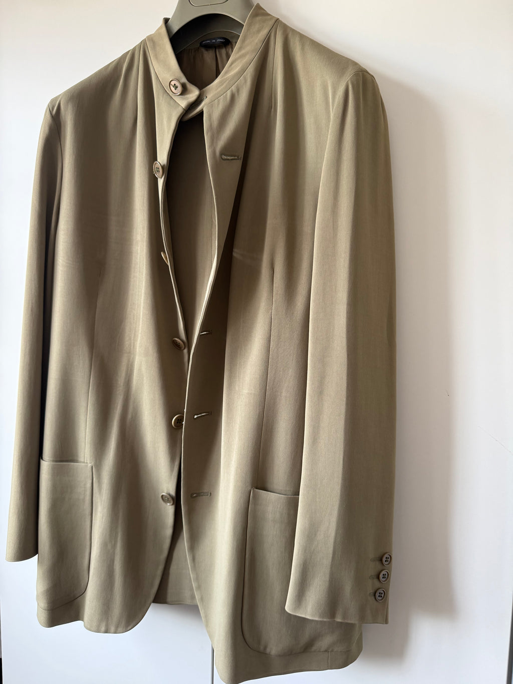 Emporio Armani AW1995 Nehru Collar Draped Khaki Taupe Suit - Size S Jacket / 30" Waist