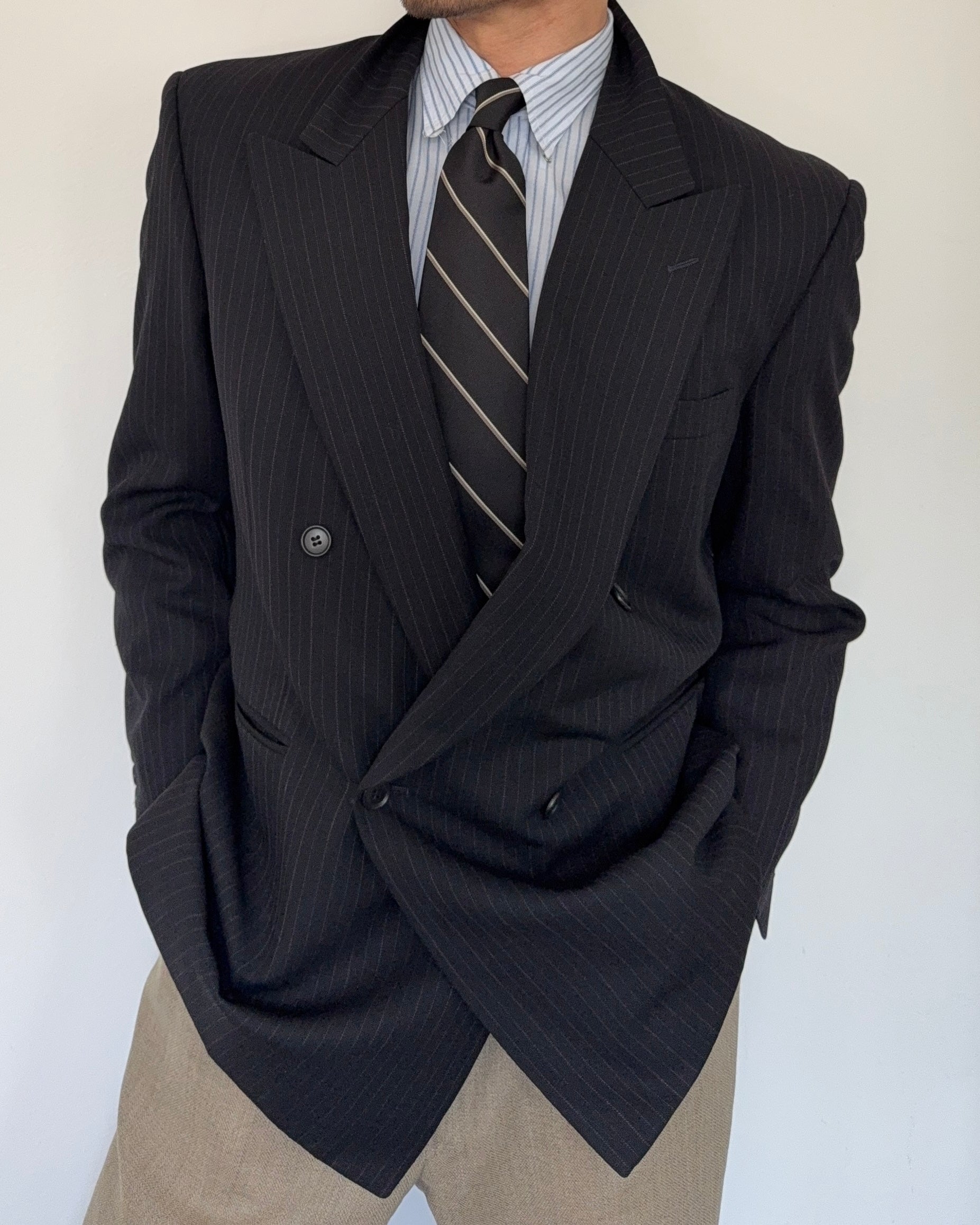 Durban 1990s Double Breasted Peaked Lapel Wool Jacket - Size L