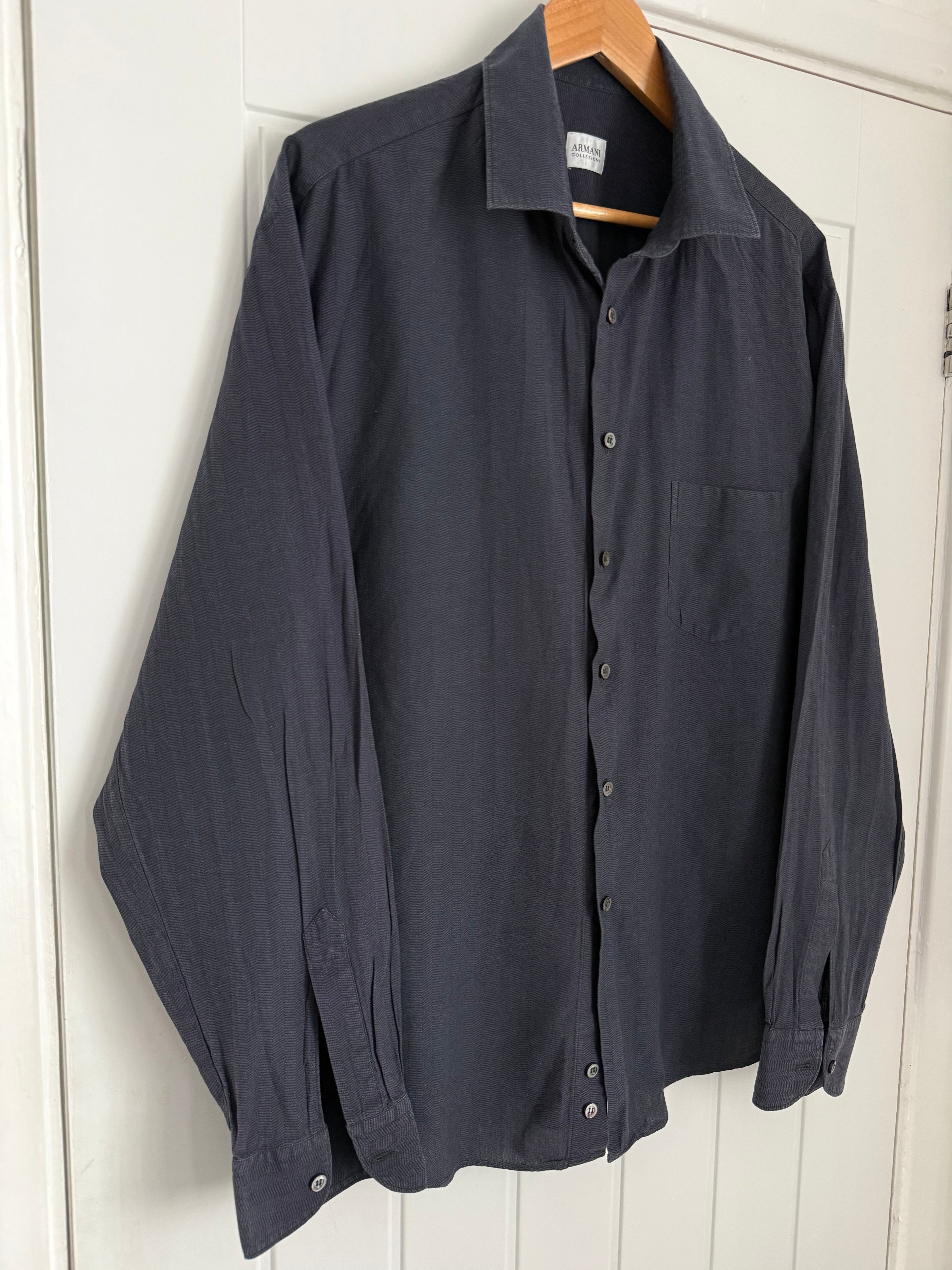 Armani 1990s Herringbone Pattern Long Sleeve Relaxed Shirt - Size XL