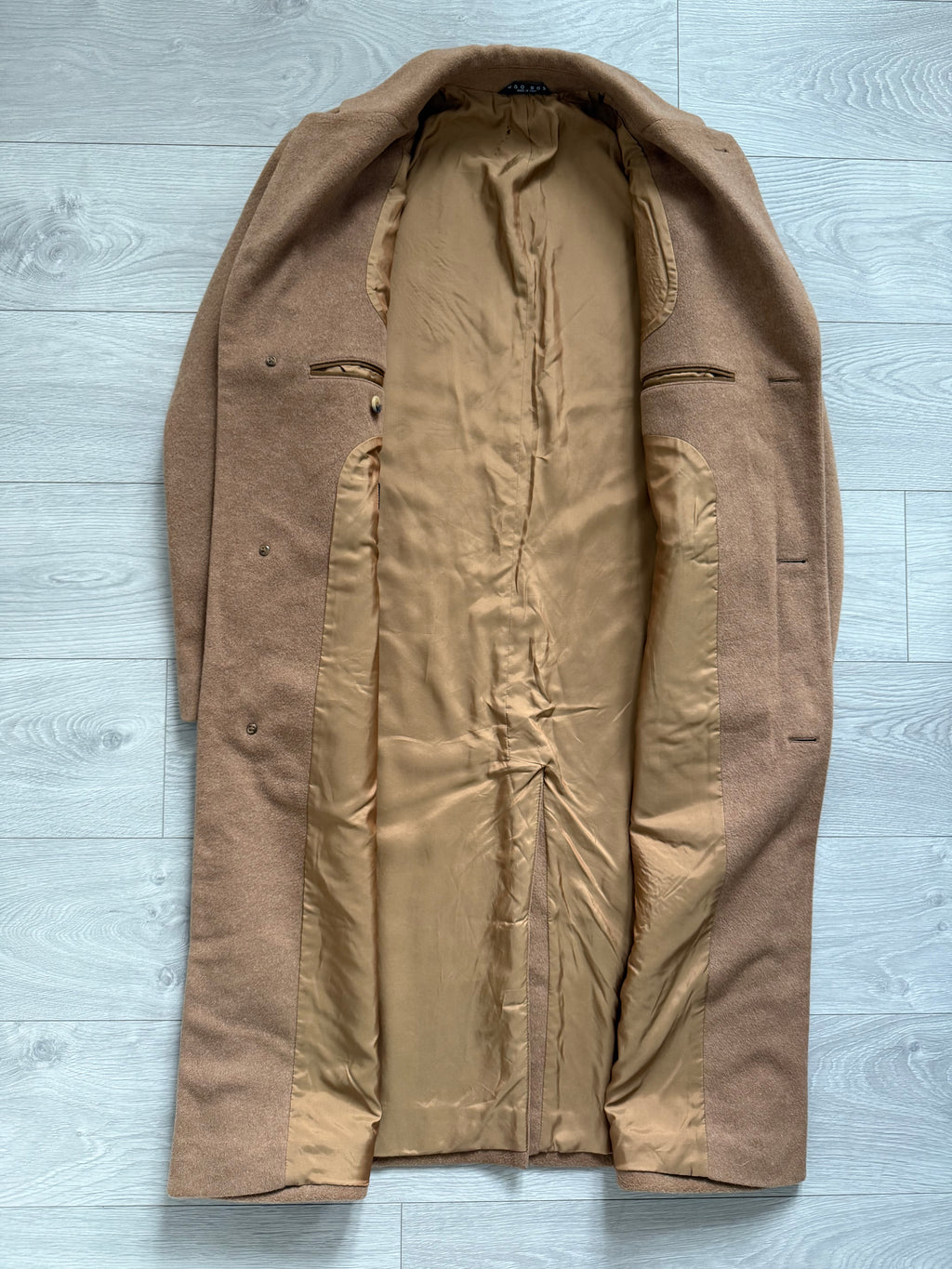 Hugo Boss 1980s Camel Brown Long Wool Overcoat Made in Italy - Size L
