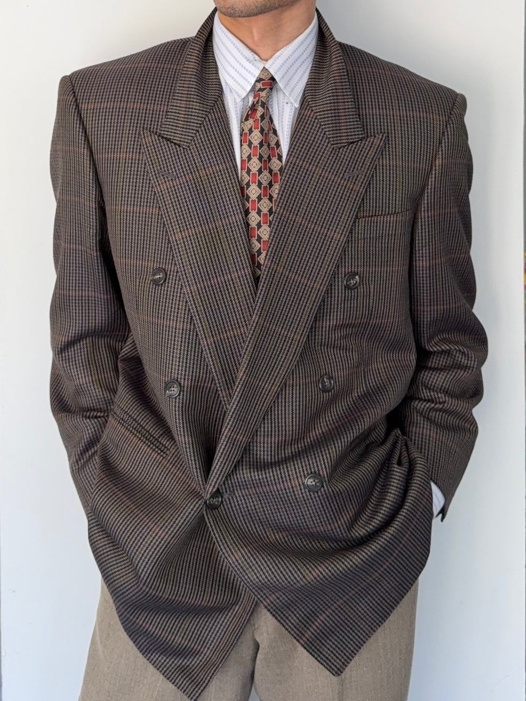 Givenchy 1980s Wool Check Peaked Lapel Double Breasted Sports Jacket Blazer - Size XL