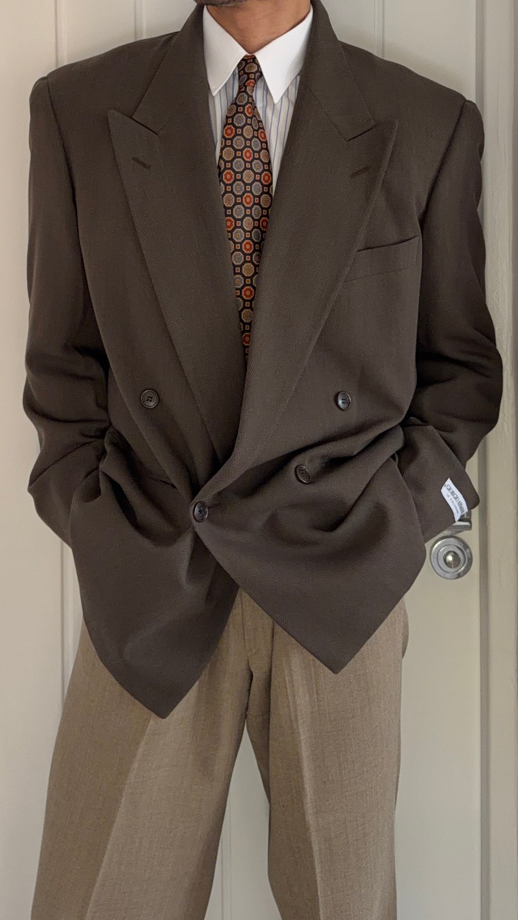 Giorgio Armani 1980s Peaked Lapel Double Breasted Brown Wool Sport Jacket Blazer - Size M