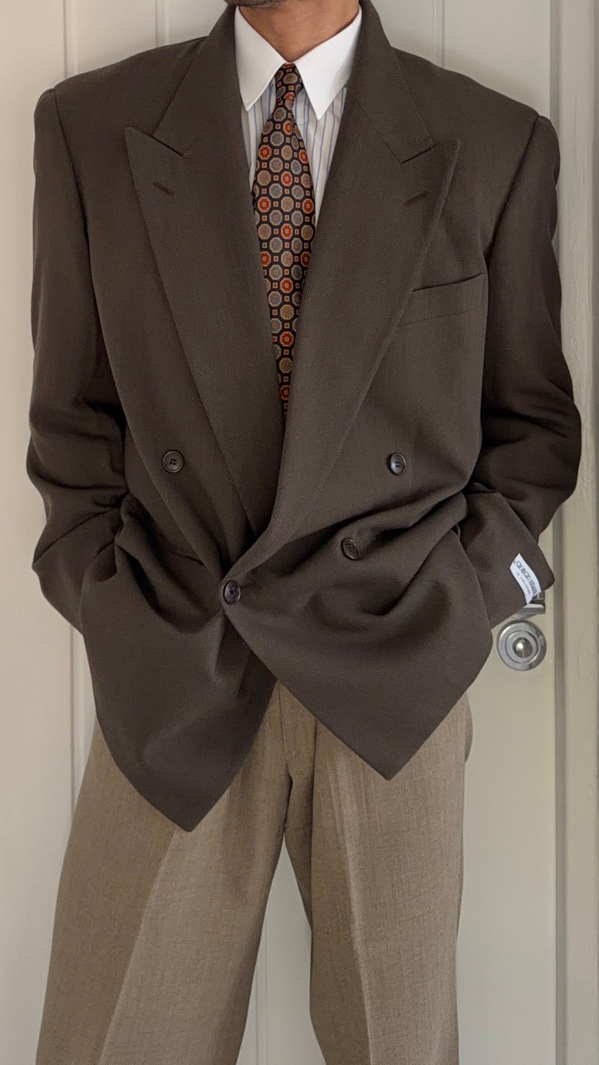 Giorgio Armani 1980s Peaked Lapel Double Breasted Brown Wool Sport Jacket Blazer - Size M