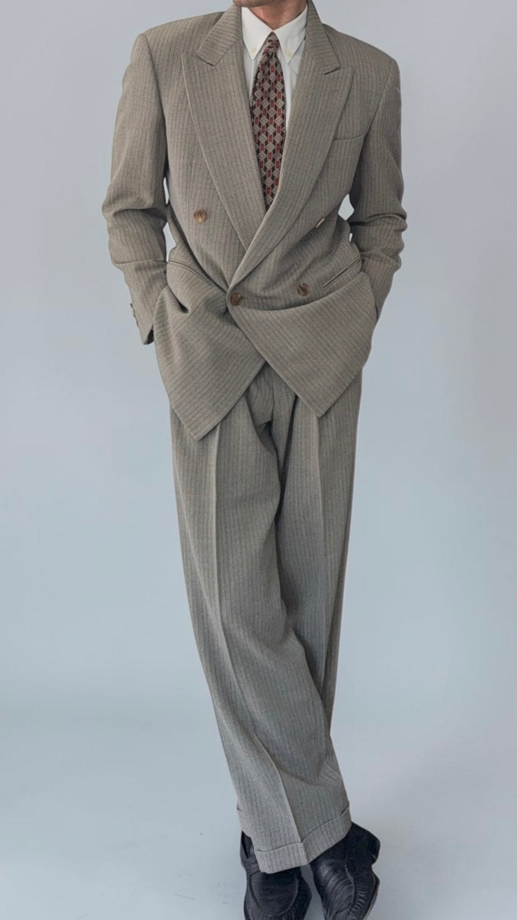 Basile 1980s Torello Viera Fabric Peaked Lapel Double Breasted Pleated Wool Suit - Size M Jacket / 31" Waist