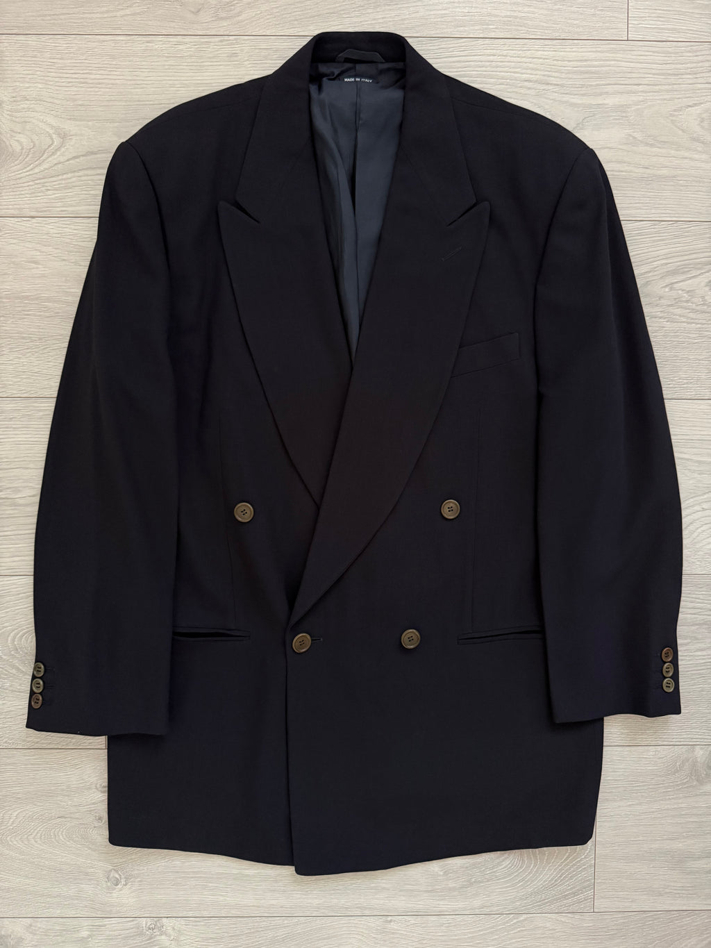 Giorgio Armani 1990s Black Label Peaked Lapel Double Breasted Navy Wool Pleated Draped Suit - Size L Jacket / 34" Waist