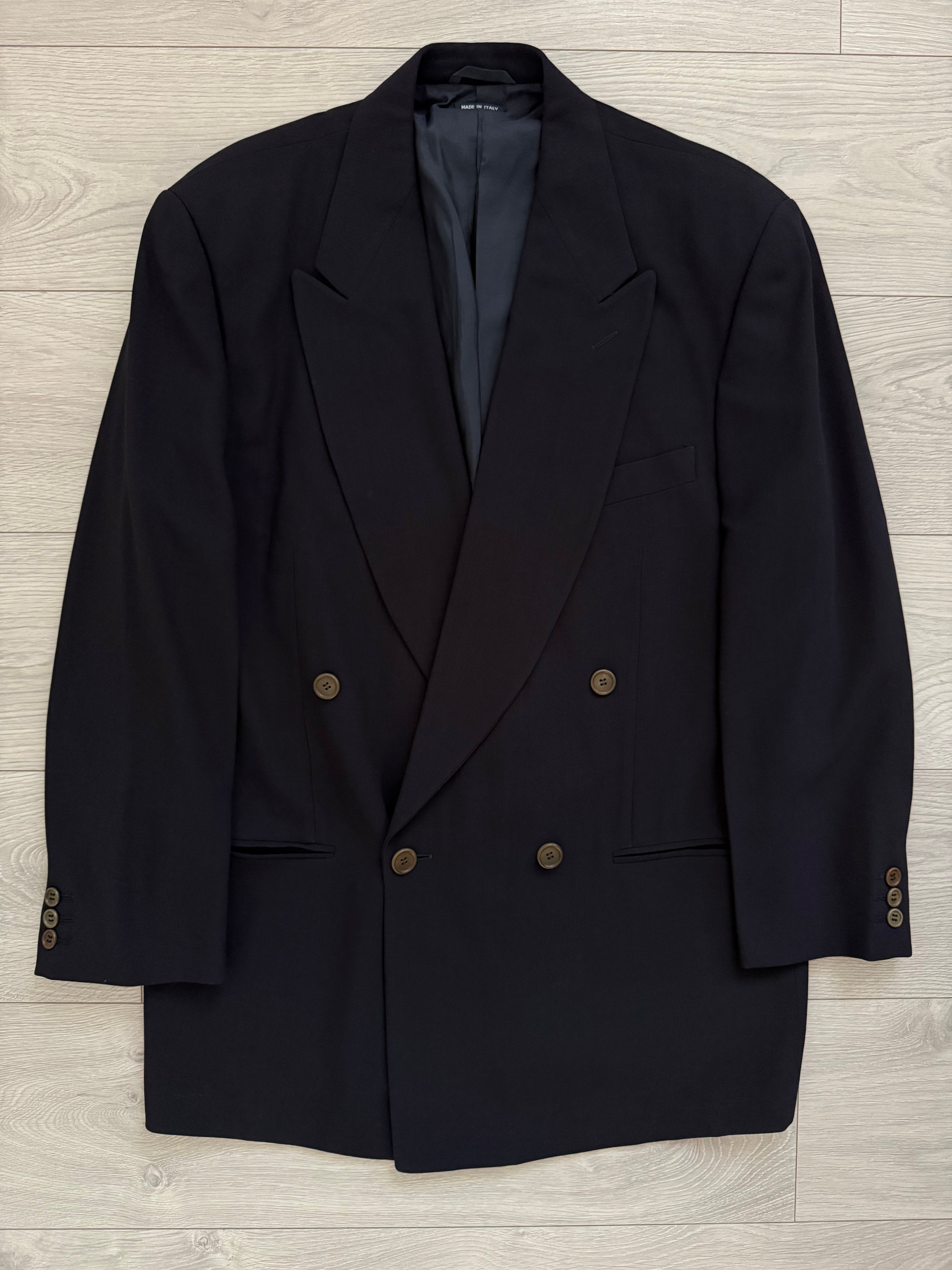Giorgio Armani 1990s Black Label Peaked Lapel Double Breasted Navy Wool Pleated Draped Suit - Size L Jacket / 34" Waist