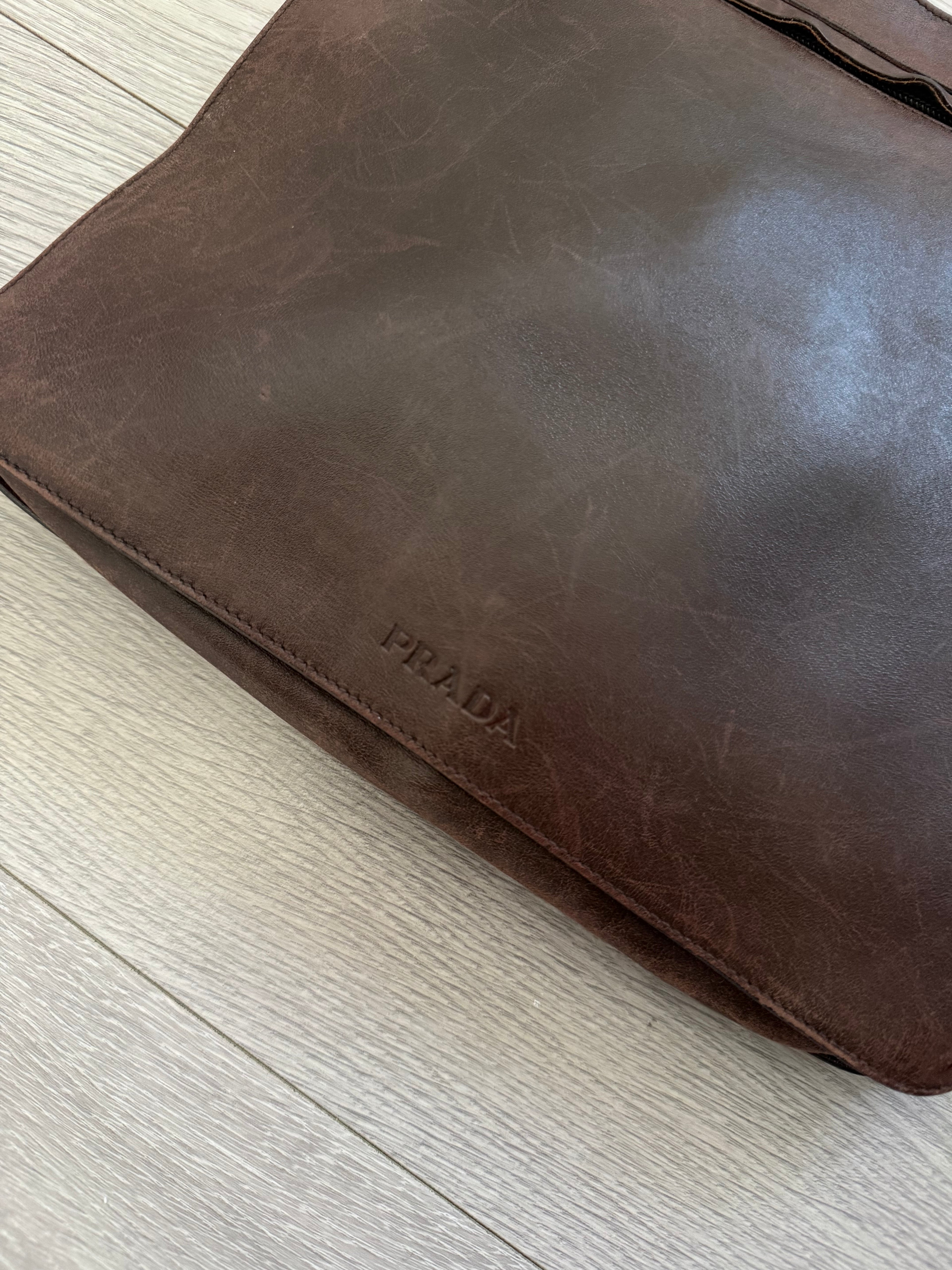 Prada Mainline 1990s Tobacco Brown Aged Leather Crossbody Bag