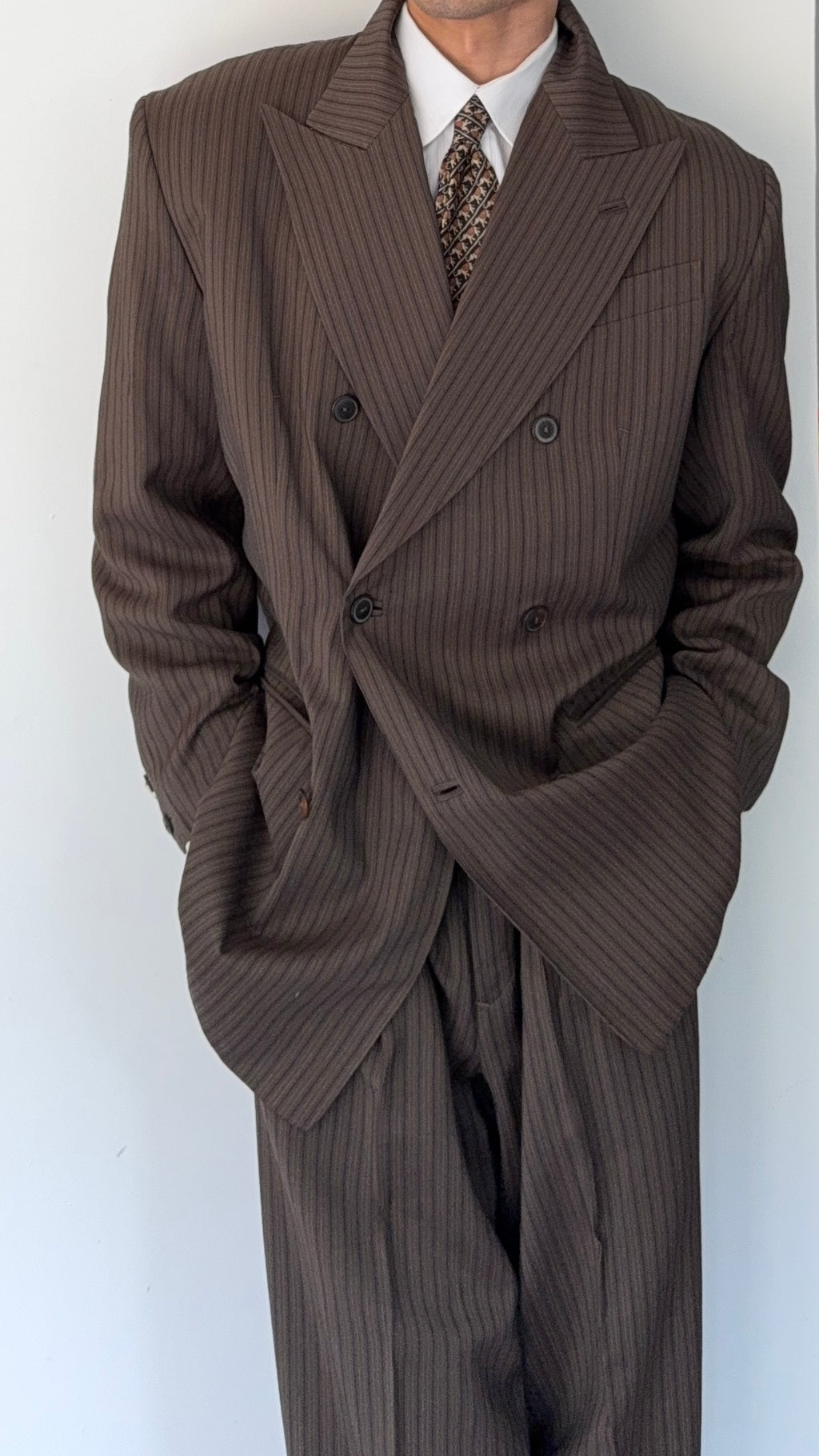 Jean Paul Gaultier 1990s Peaked Lapel Double Breasted Pleated Textured Suit - Size XL Jacket / 34" Waist
