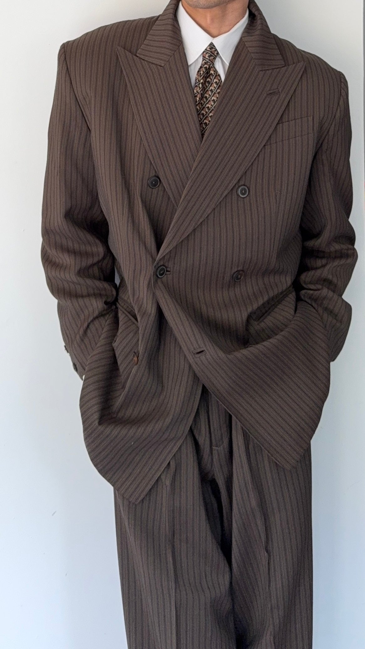Jean Paul Gaultier 1990s Peaked Lapel Double Breasted Pleated Textured Suit - Size XL Jacket / 34" Waist